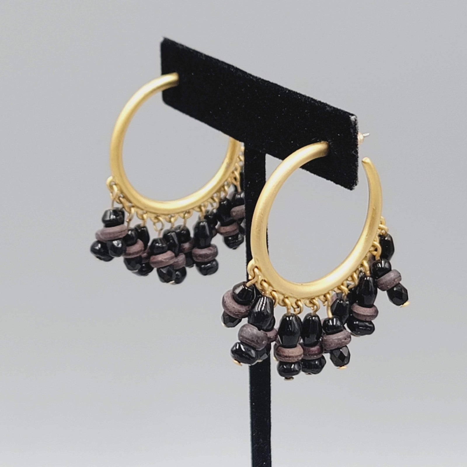 Beaded Hoop Pierced Earrings Hoops Gold tone Dangle 1.75"