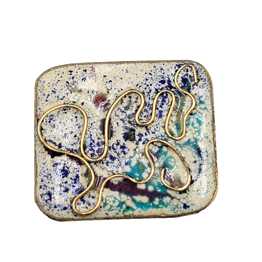 Vintage Brooch Enamel Gold tone Rectangle 2"x1.75" Estate Costume Jewelry