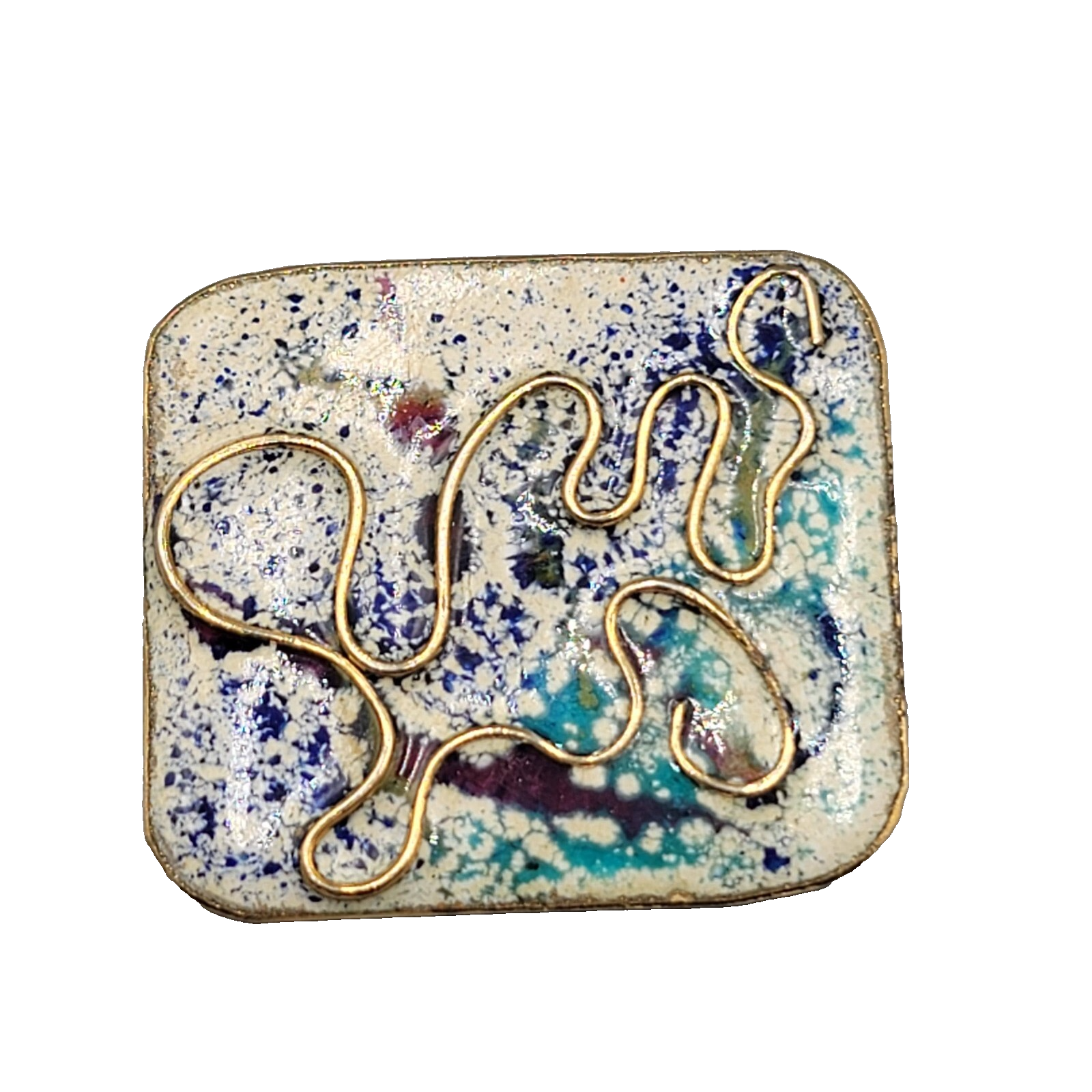 Vintage Brooch Enamel Gold tone Rectangle 2"x1.75" Estate Costume Jewelry