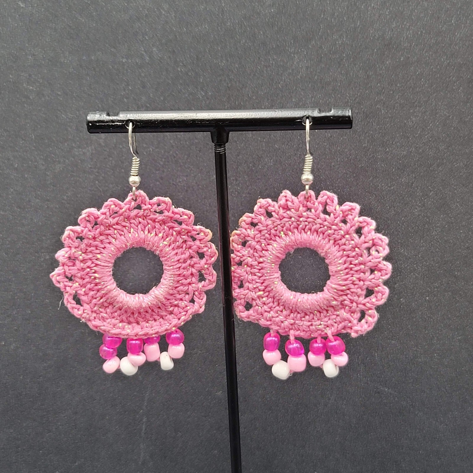 Pierced Earrings Pink Crochet Bead Dangle 1 7/8"