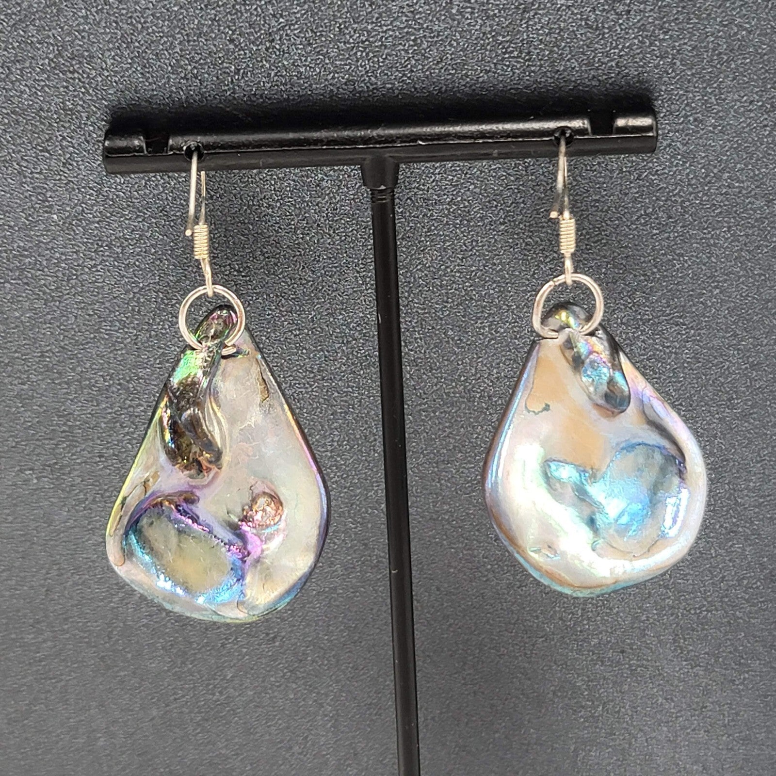 Real Seashell Pierced Earrings Blue Iridescent Sheen Dangle 1 3/8"