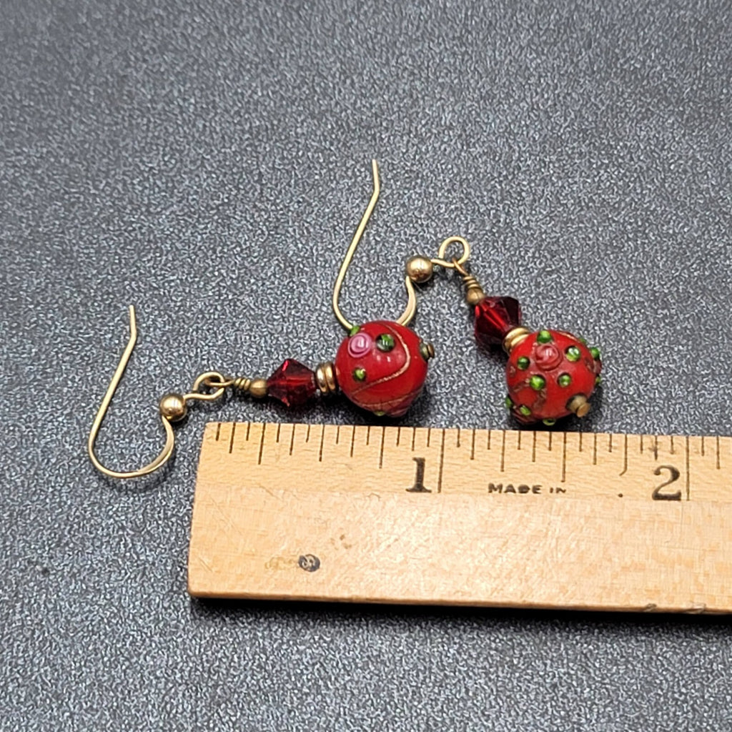 Gold Filled Pierced Earrings Red Glass Wedding Cake Bead Flowers 1"
