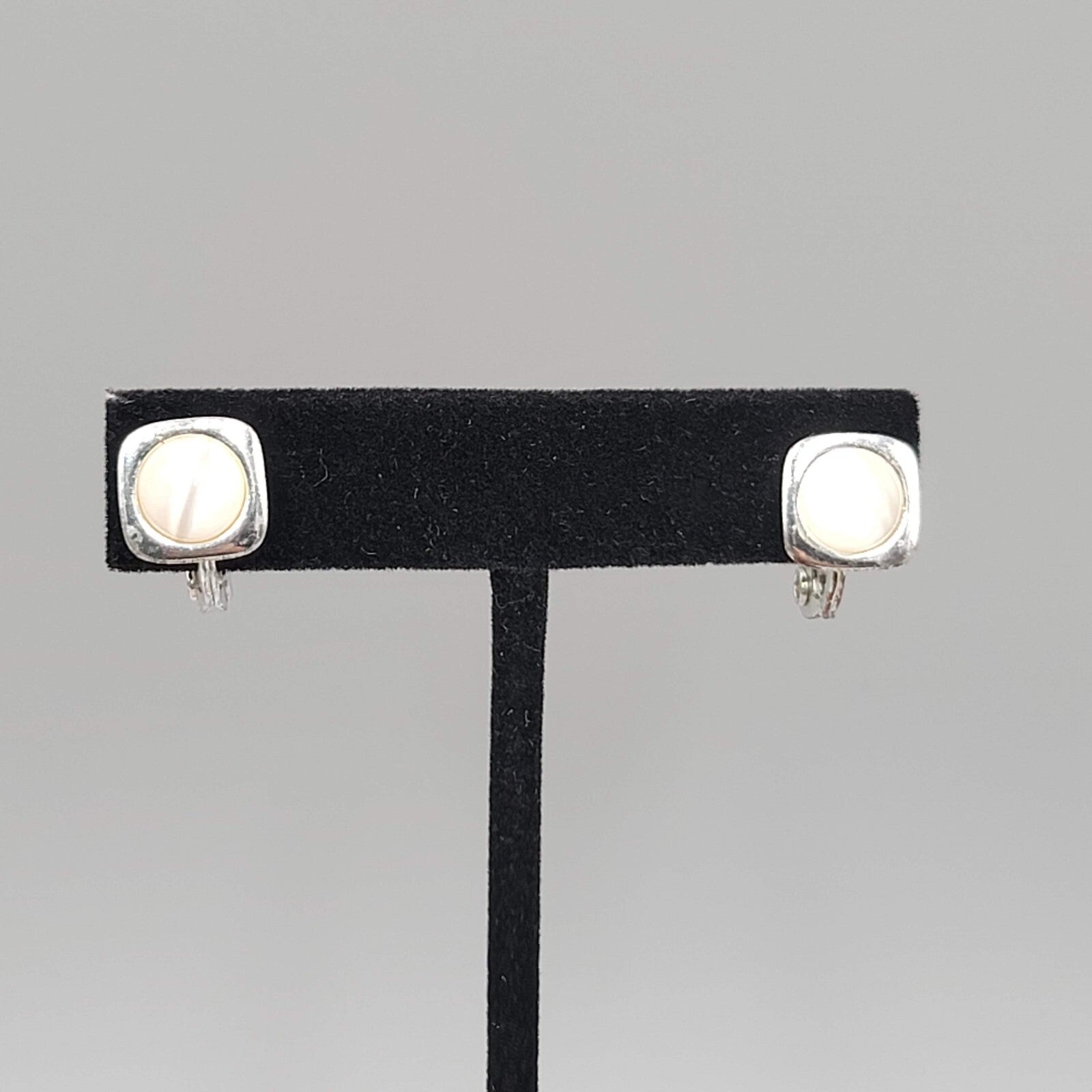 Vintage Monet Stud Clip on Earrings White Cats Eye Silver tone 3/8"