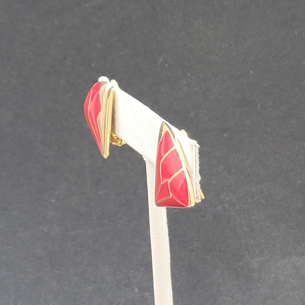 Vintage Clip on Earrings Gold Plated Red Enamel Fan Design 3/4"