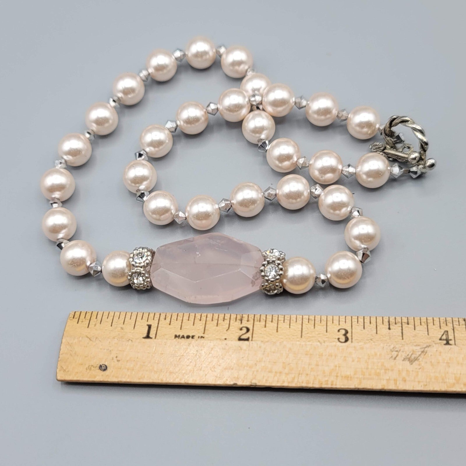 Pink Stone Bead Necklace Faux Pearl Silver tone Toggle Closure 18"