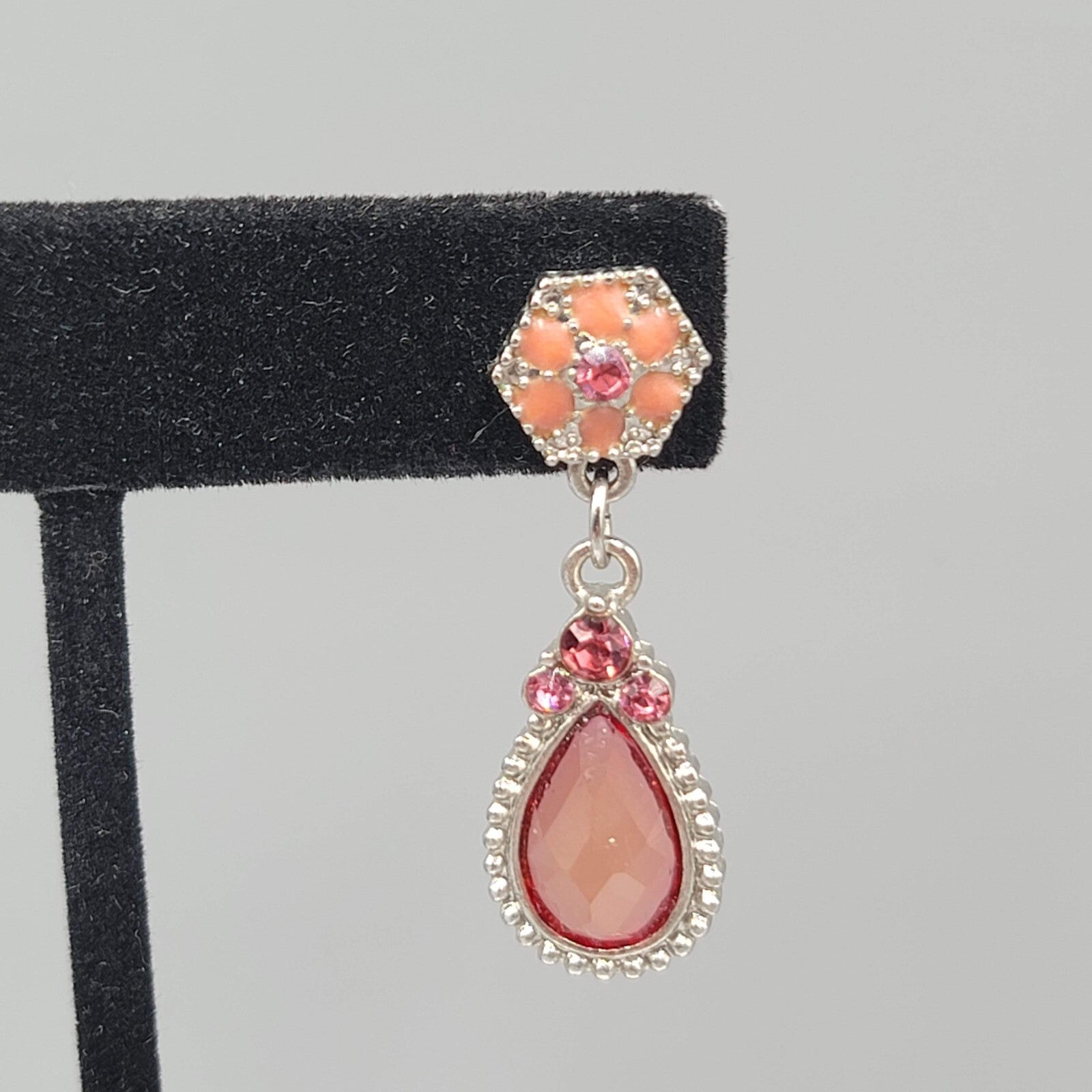Pierced Earrings Gold tone Pink Rhinestone Teardrop Dangle 1.5"