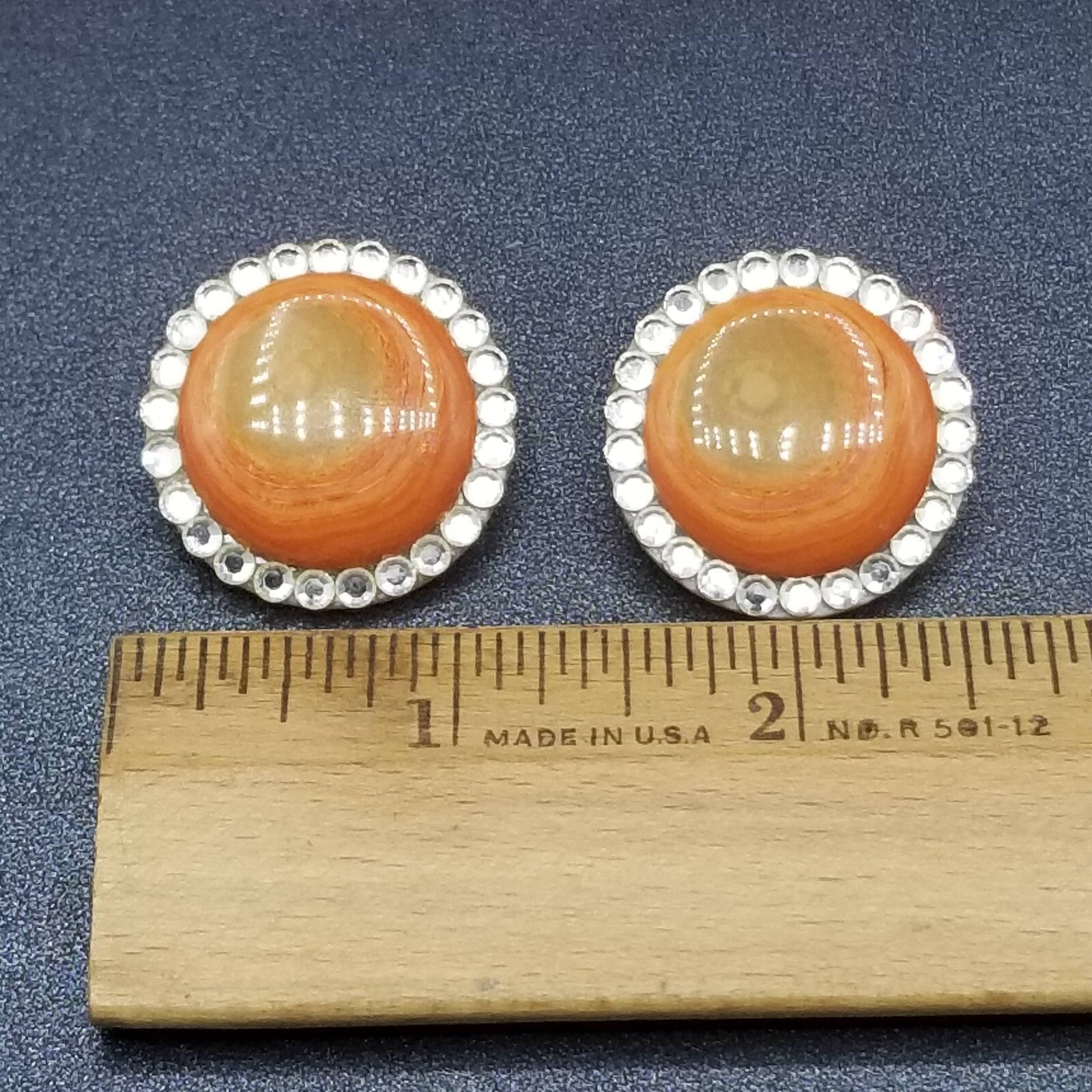 Vintage Clip on Earrings Orange Resin Faceted Crystal Button Style Stud 1 1/8"