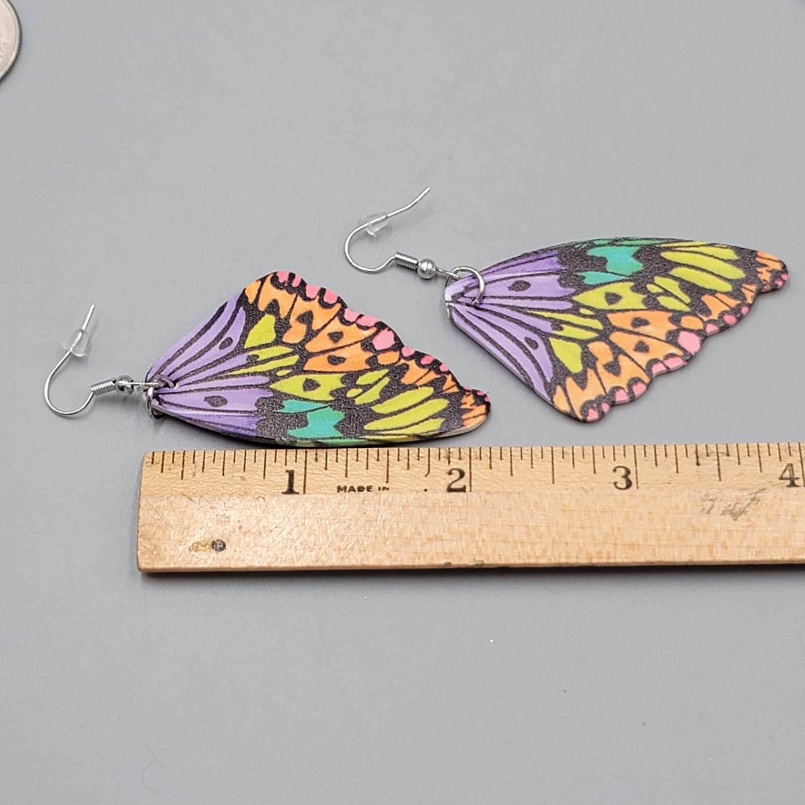 Butterfly Wing Pierced Earrings Purple Yellow Orange Statement Dangle 2.25"