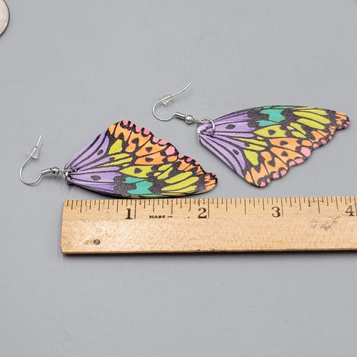 Butterfly Wing Pierced Earrings Purple Yellow Orange Statement Dangle 2.25"