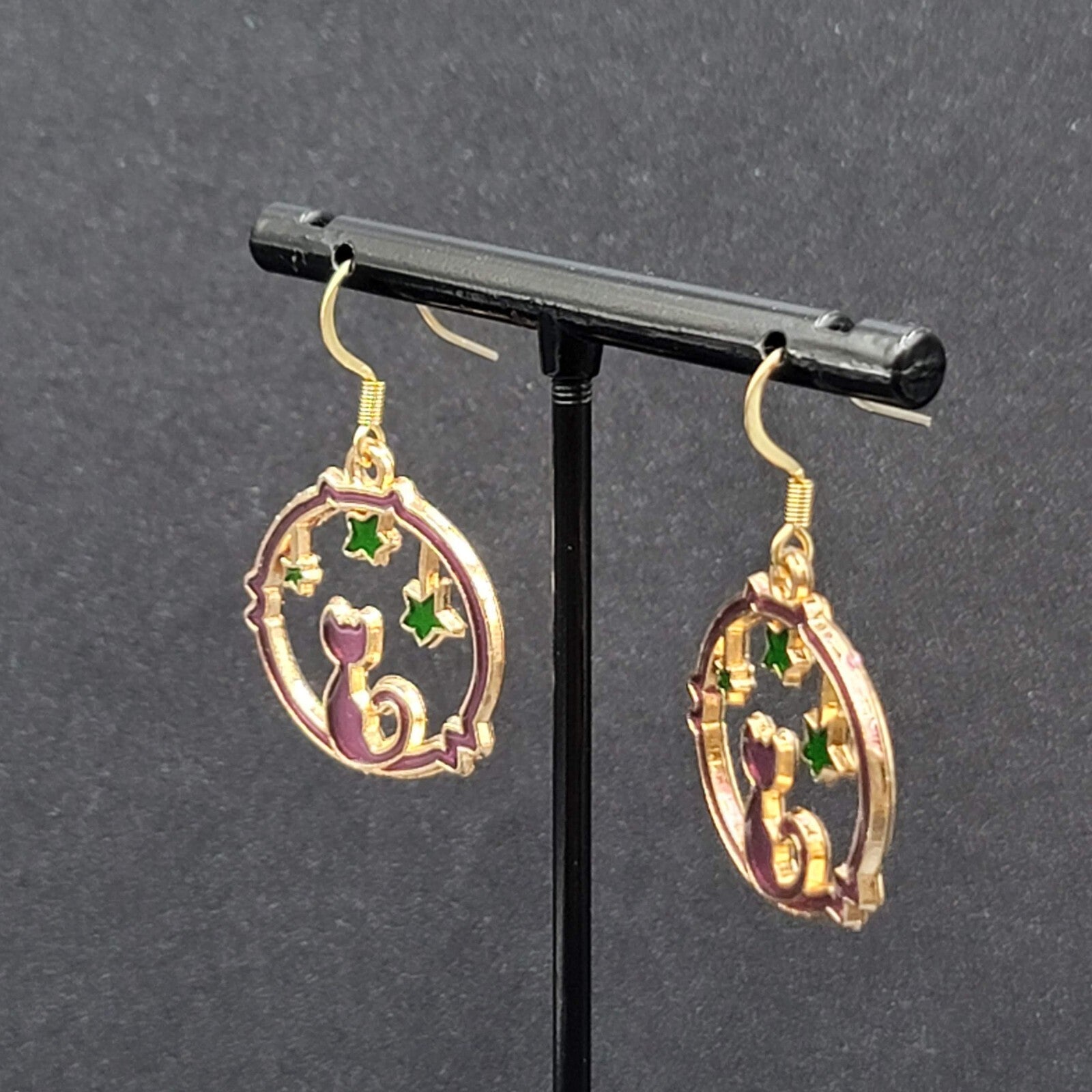 New Cat Pierced Earrings Gold tone Green Stars Purple Enamel Dangle 7/8"