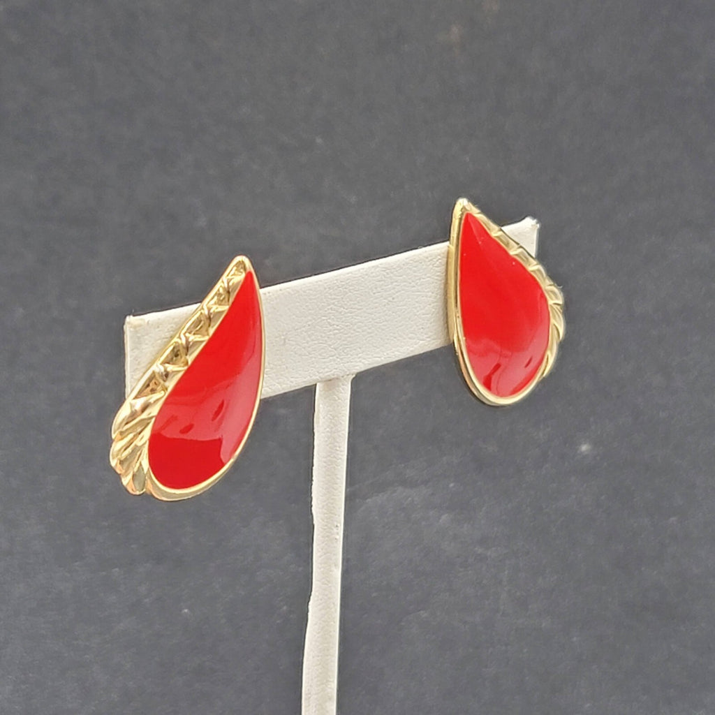 Vintage Pierced Earrings Gold tone Red Enamel Drop Teardrop 1.25"