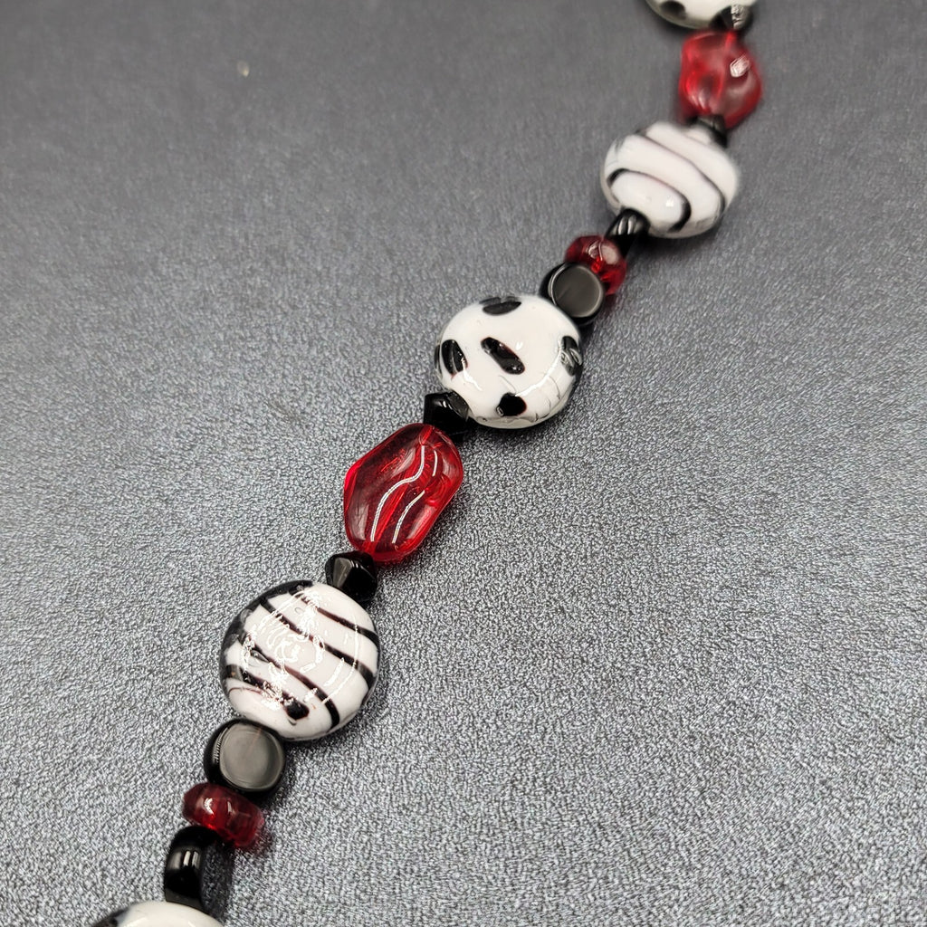 Black White Red Glass Bead Statement Necklace 26 in Toggle Clasp