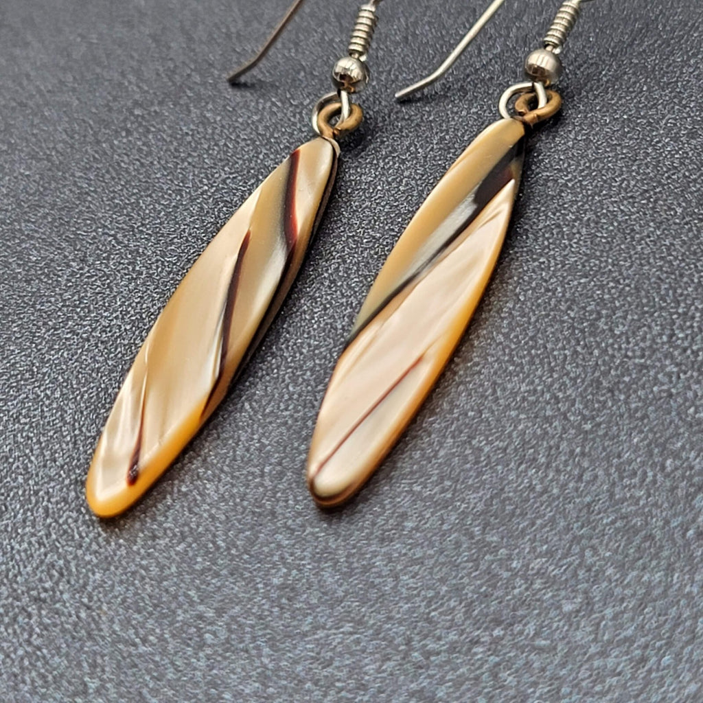 Vintage Pierced Earrings Pearlescent Brown Tan Resin Dangle 1.75"