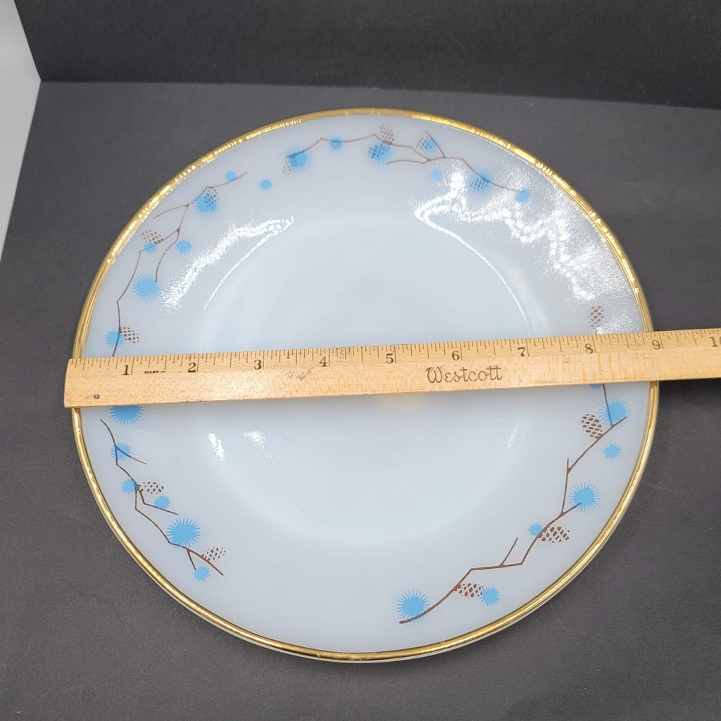 VTG Termocrisa Milk Glass Dinner Plate Blue Brown Pine Cone Gold Trim Single 9"