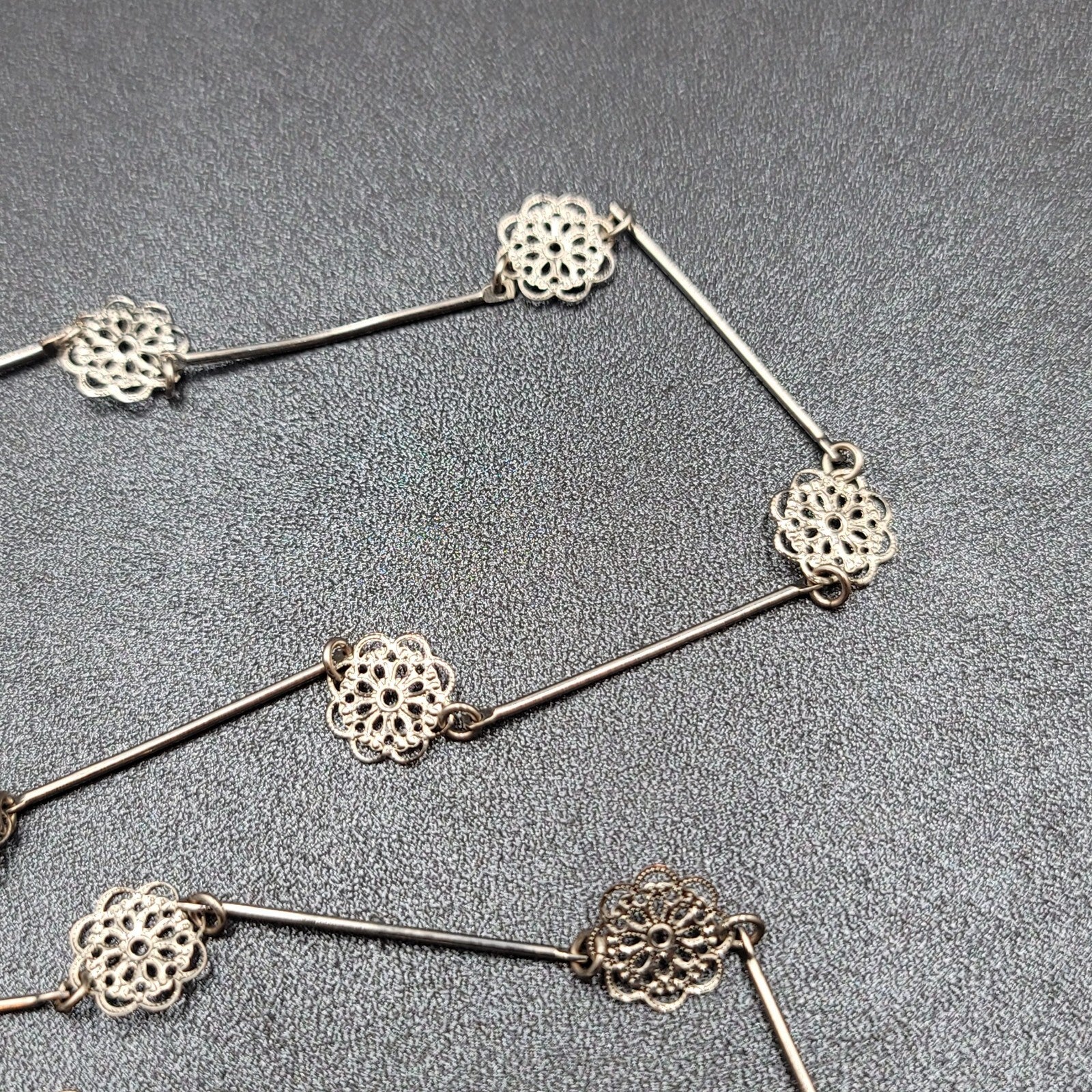 Vintage Necklace Silver tone Filigree Flower Station Chain Long 38"