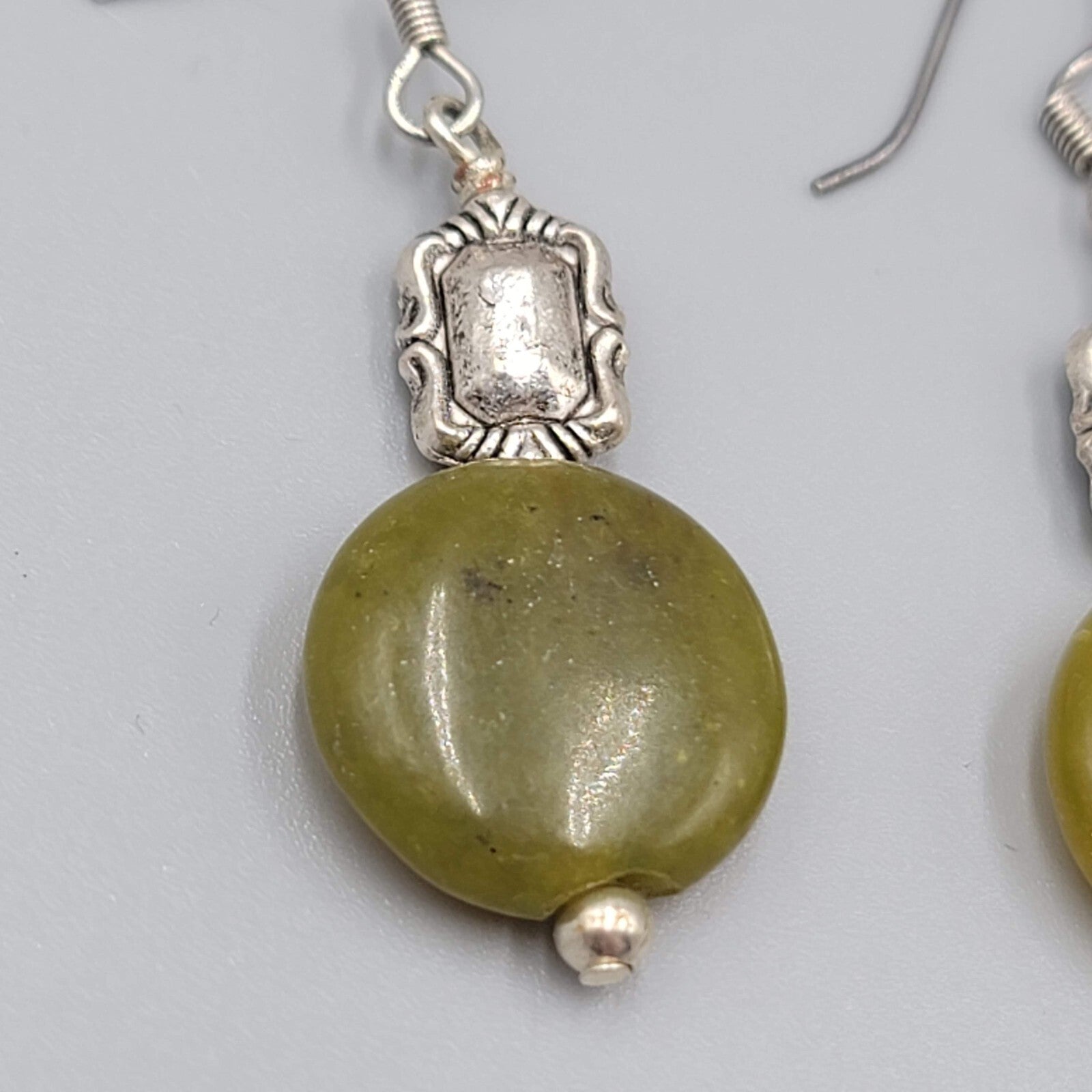Round Green Stone Pierced Earrings Silver tone Dangle 1.25"