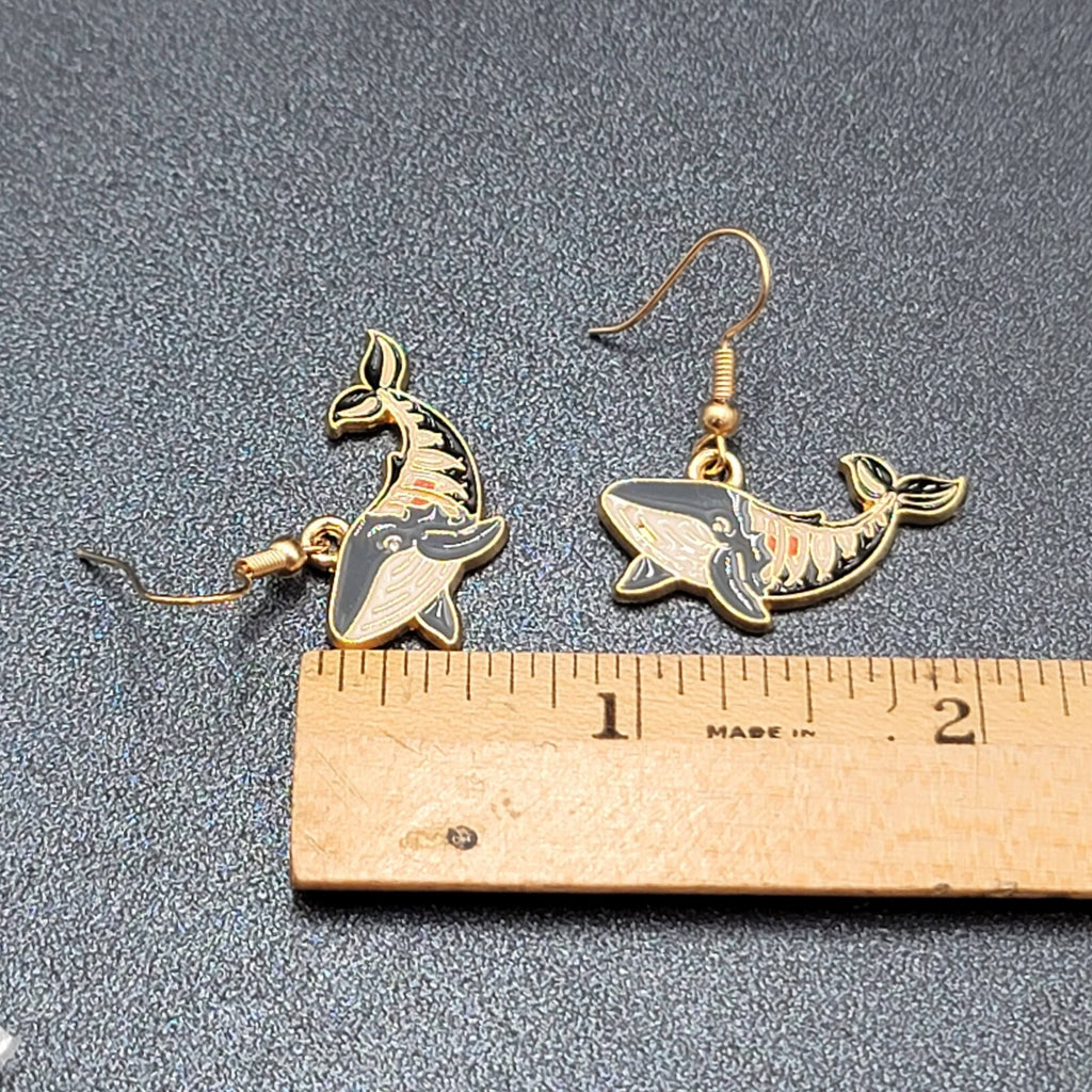 Zombie Whale Pierced Earrings Halloween Half Skeleton Enamel Dangle 5/8"