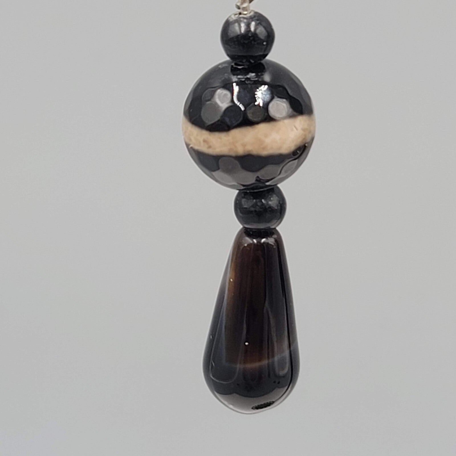 Pierced Earrings Silver tone Black Brown Art Glass Bead Dangle 1.5"
