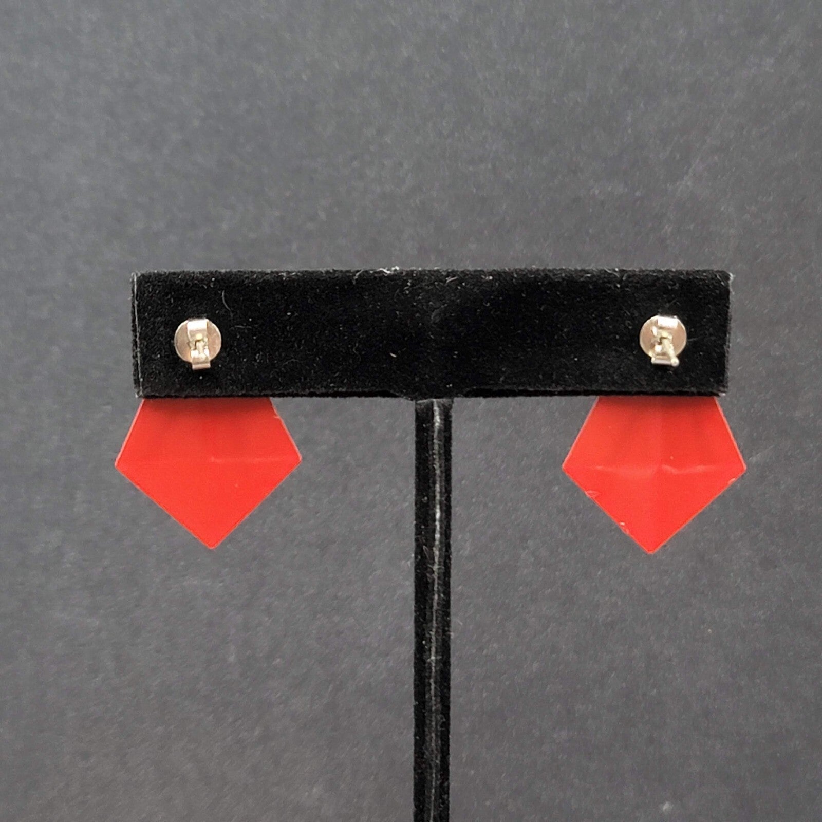 Vintage Pierced Earrings Red Enamel Geometric Drop 1 1/8"