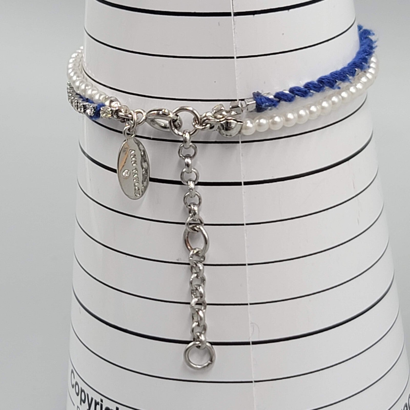 Ann Taylor Bracelet Blue White Bead Silver tone Rhinestone 6.5" - 7" - 7.5" Adj
