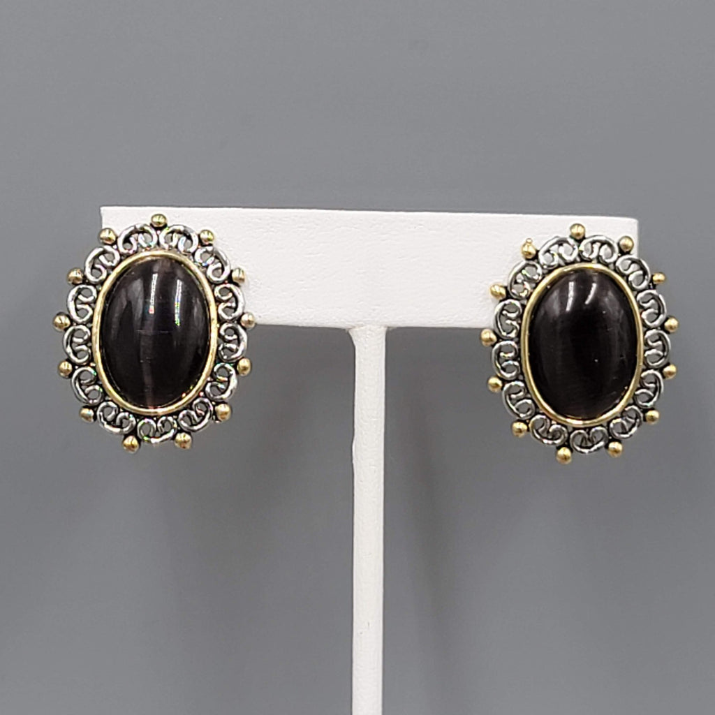 Dark Brown Cats Eye Cabochon Pierced Earrings Silver tone Oval Drop 1 1/8"