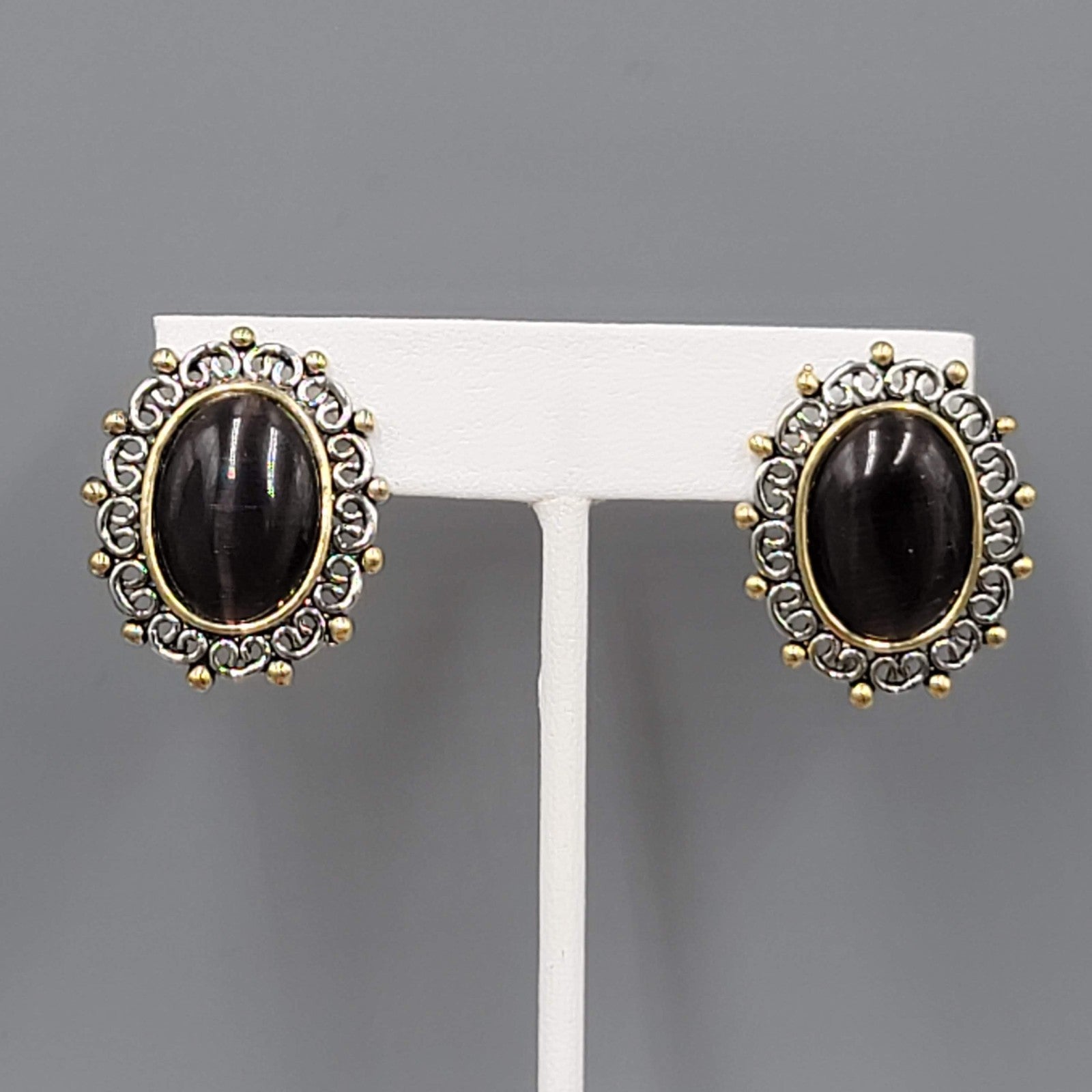 Dark Brown Cats Eye Cabochon Pierced Earrings Silver tone Oval Drop 1 1/8"
