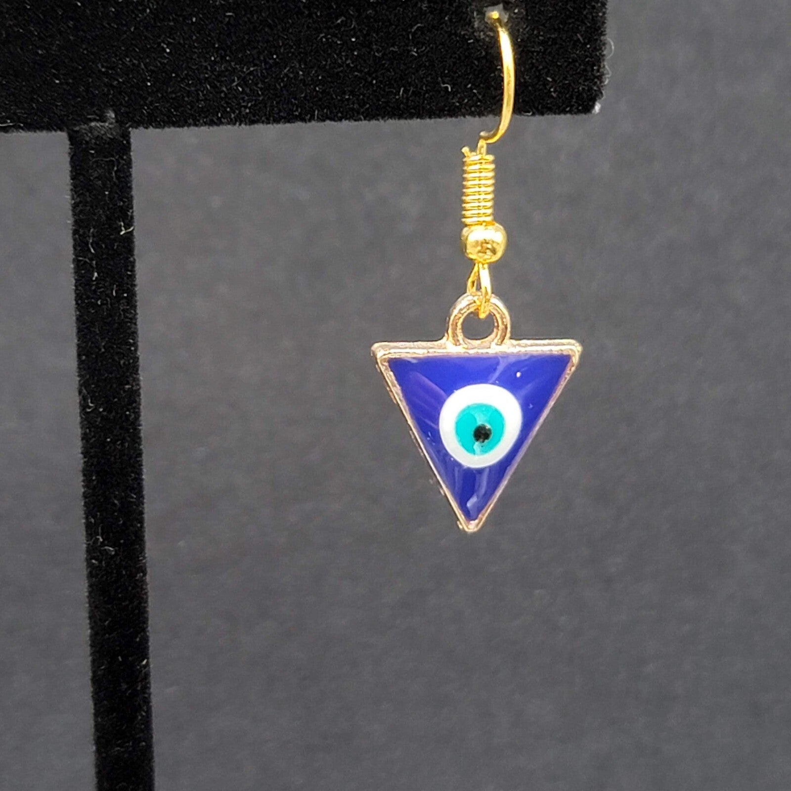 Pierced Earrings Gold tone Enamel Evil Eye Triangle Dangle 5/8"