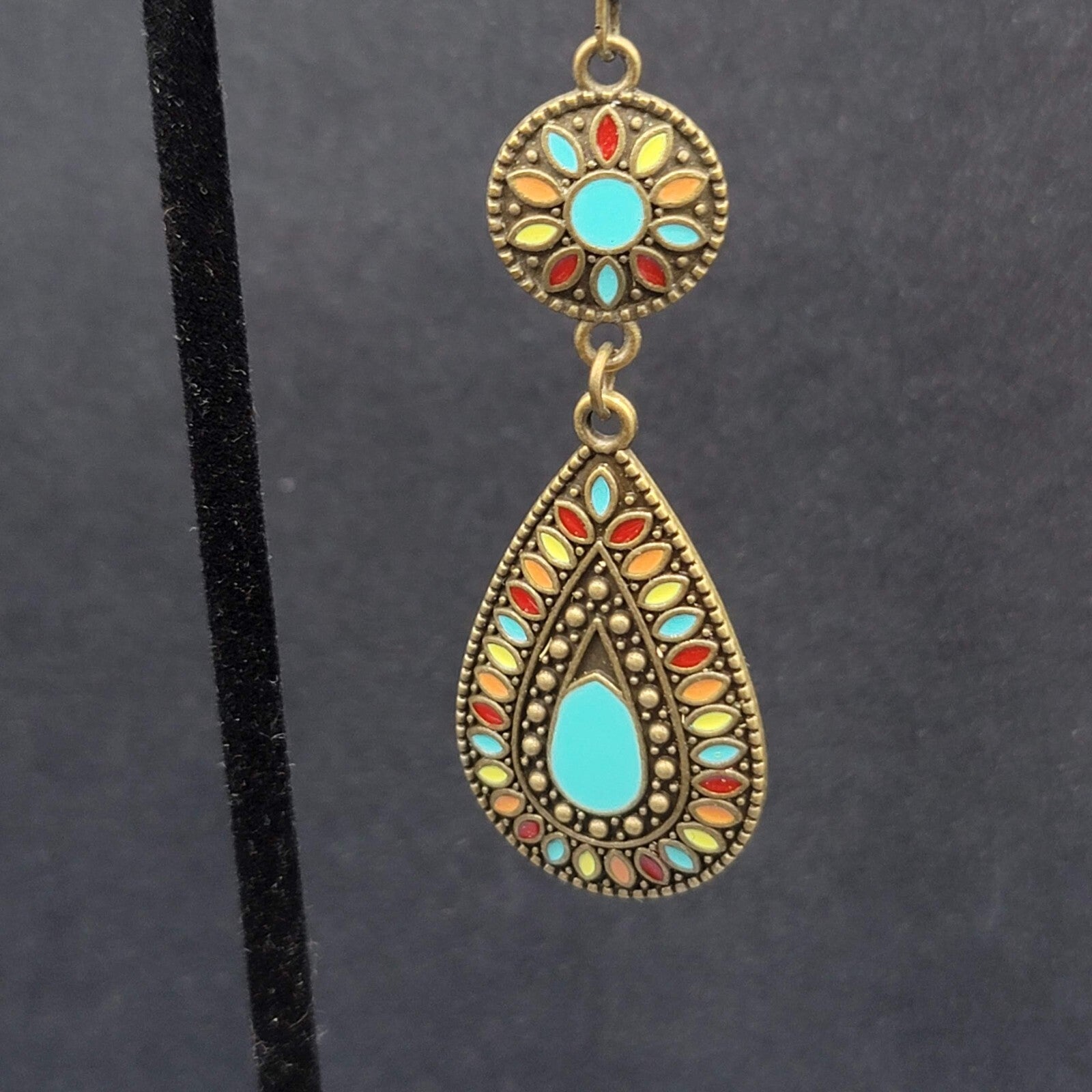 New Boho Pierced Earrings Multicolor Enamel Round Teardrop Blue Dangle 2.25"