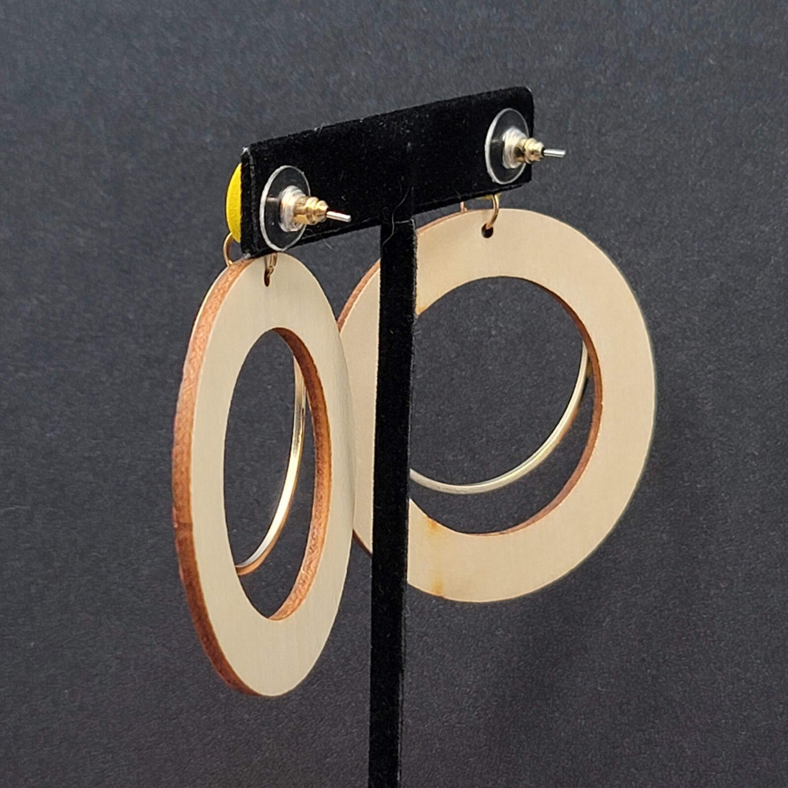 Pierced Earrings Multicolor Yellow Gold tone Wood Hoops Statement 2 3/8"