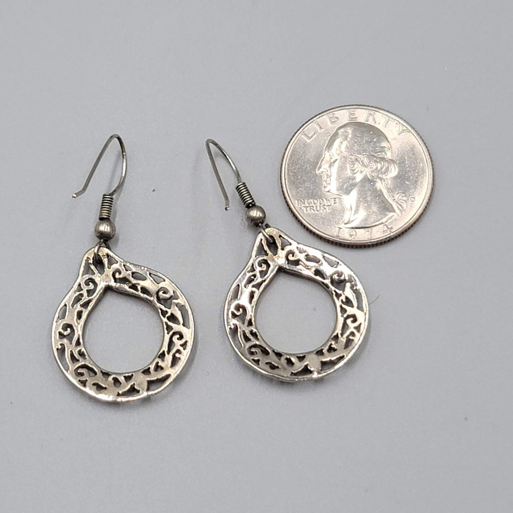 Vintage Pierced Earrings Silver tone Open Filigree Dangle 1"