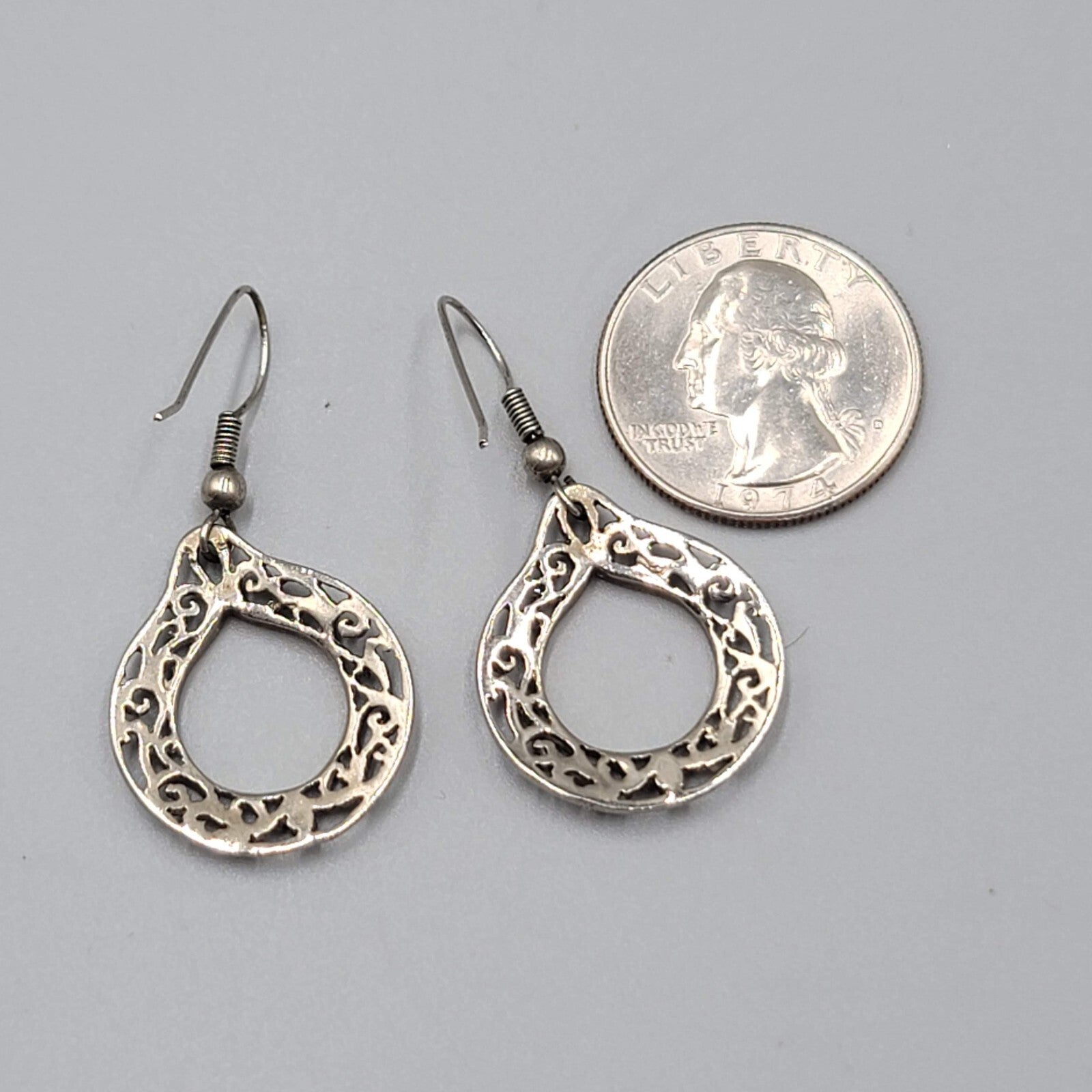 Vintage Pierced Earrings Silver tone Open Filigree Dangle 1"