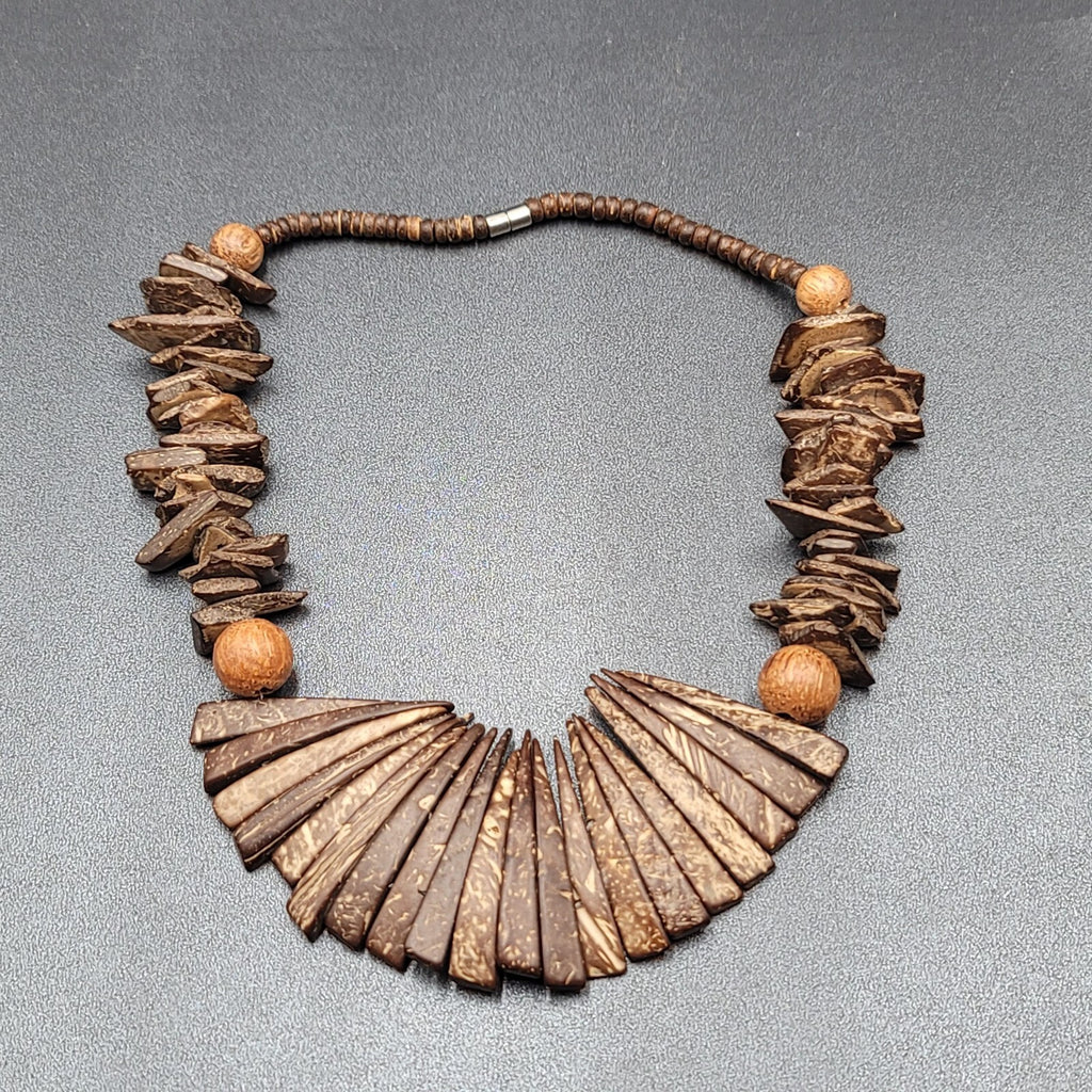 Vintage Coir Coconut Beads Necklace Brown Boho Ethnic Statement 19"