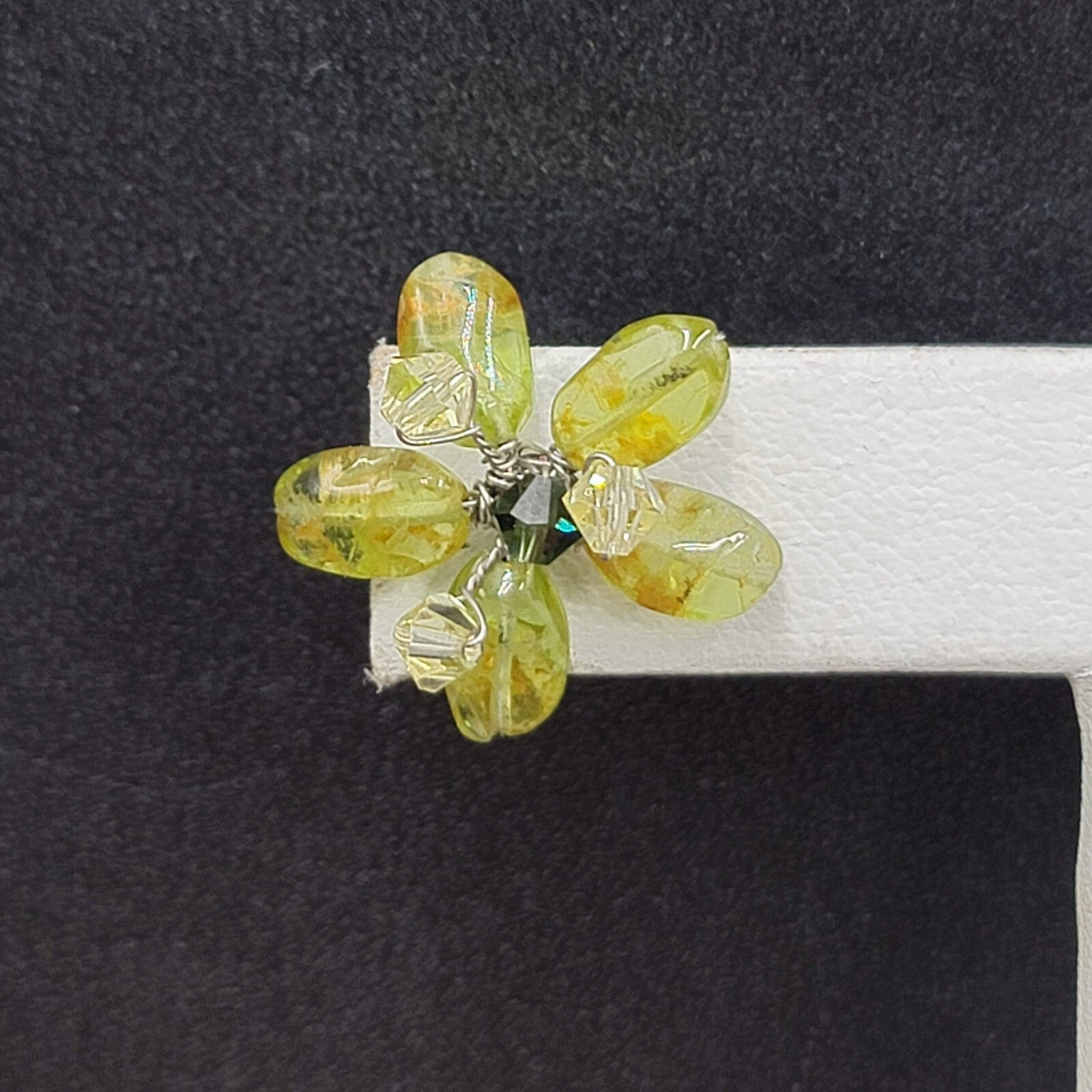 Pierced Earrings Green Stone Artisan Made Flower Studs 3/4"