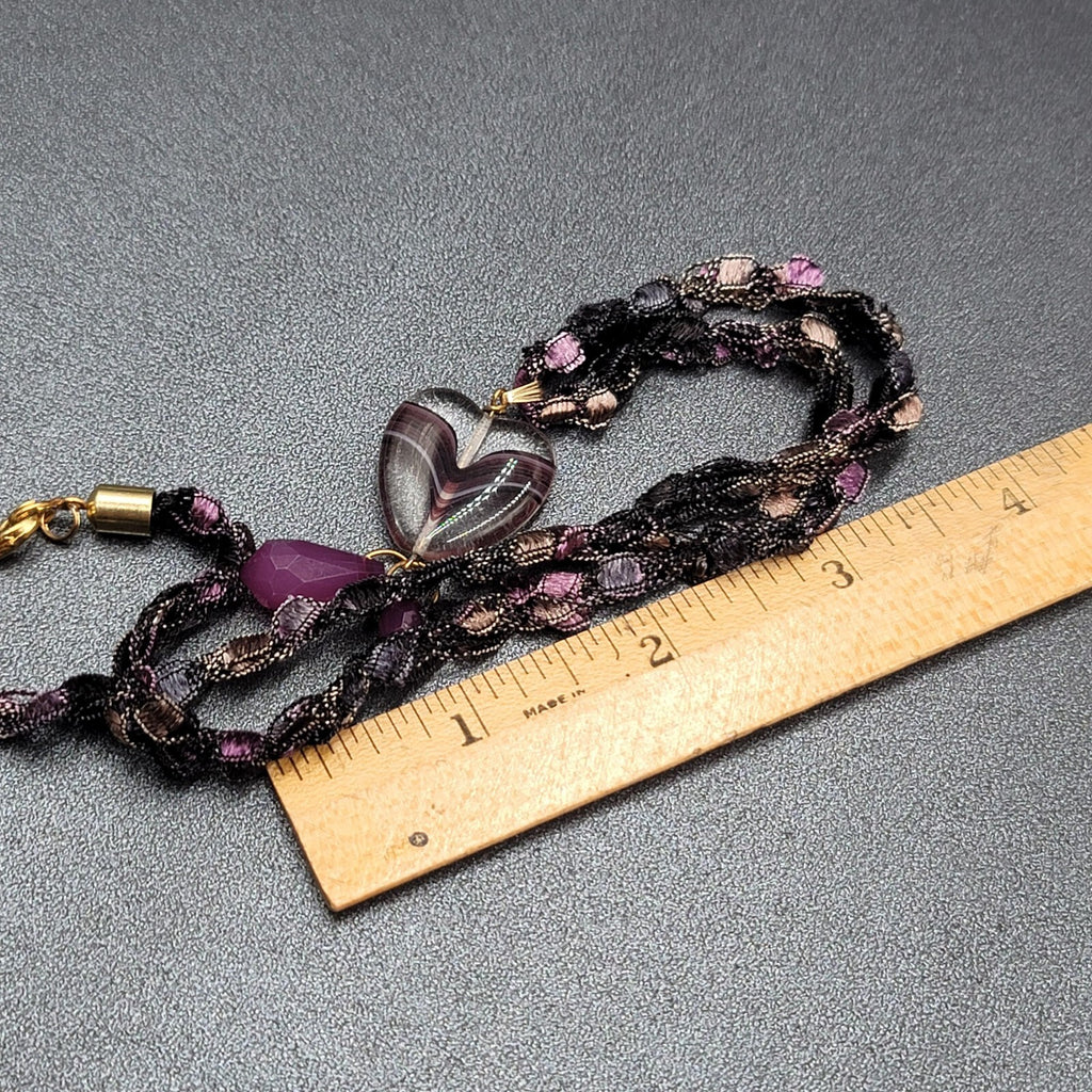 Purple Necklace Art Glass Heart Pendant 20"