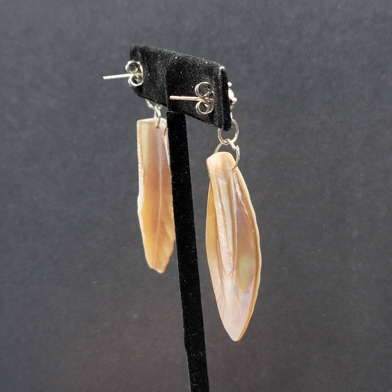 Pierced Earrings Real Seashell Dangle Silver tone 2"