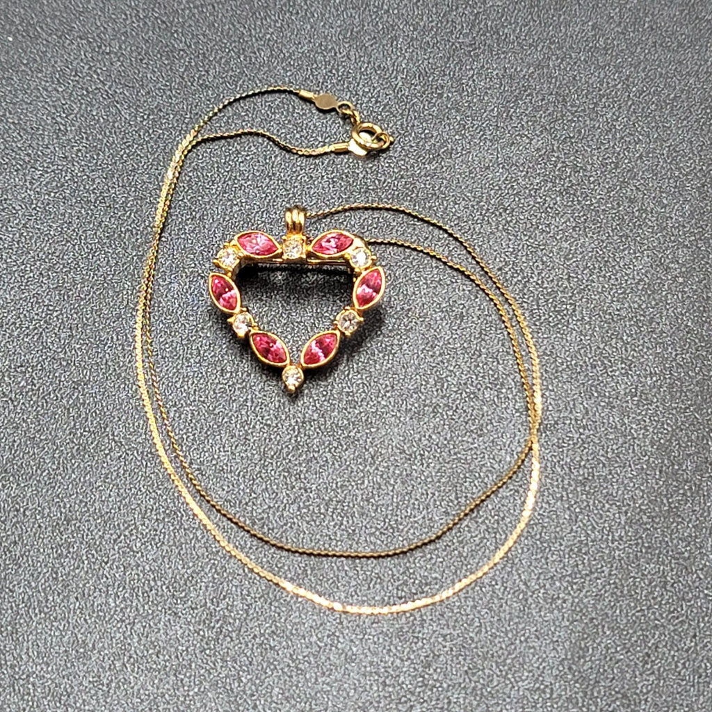 Pink Crystal Heart Brooch Pendant Gold tone 18" Chain