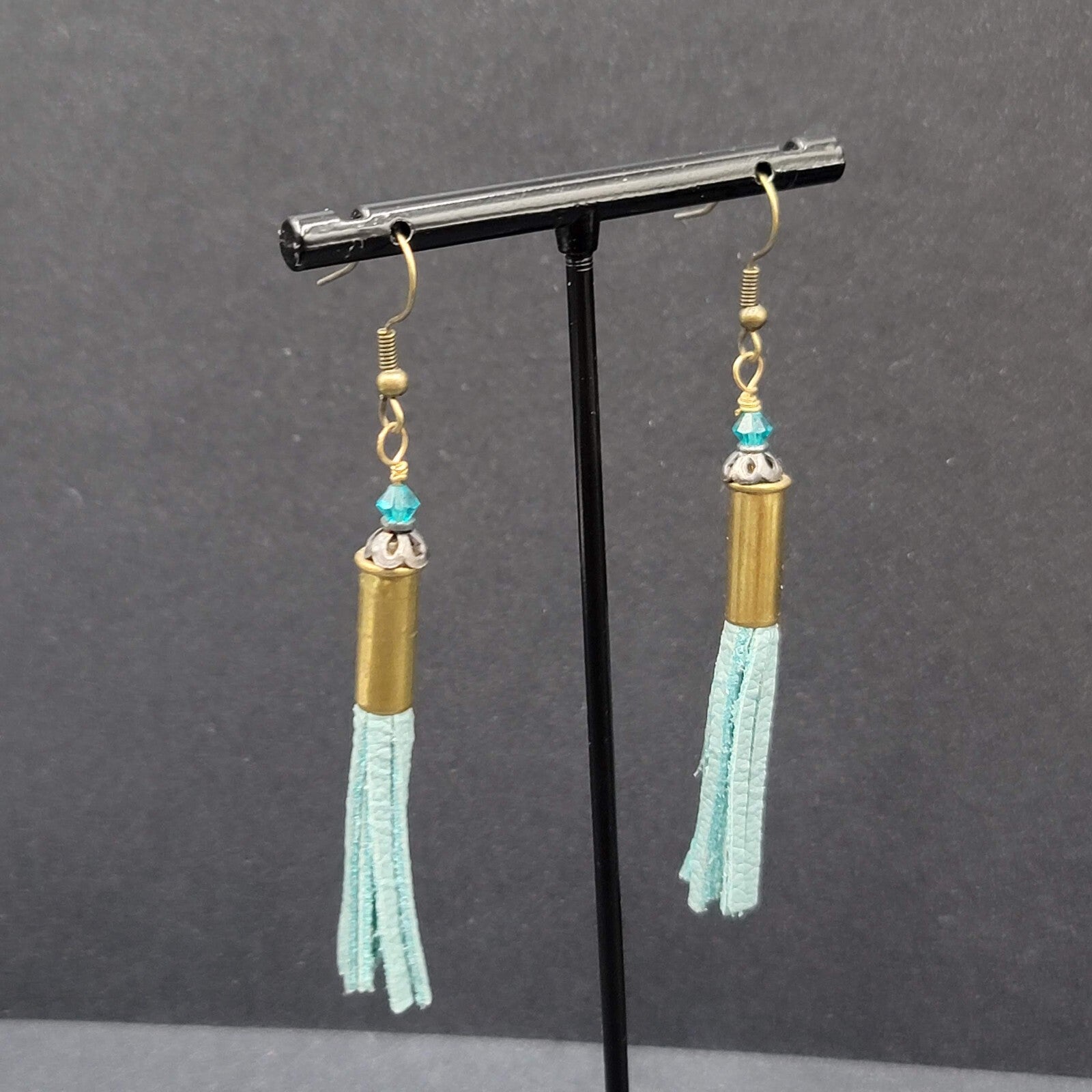 Pierced Earrings Bronze tone Blue Bead Tassel Dangle Boho 2.25"