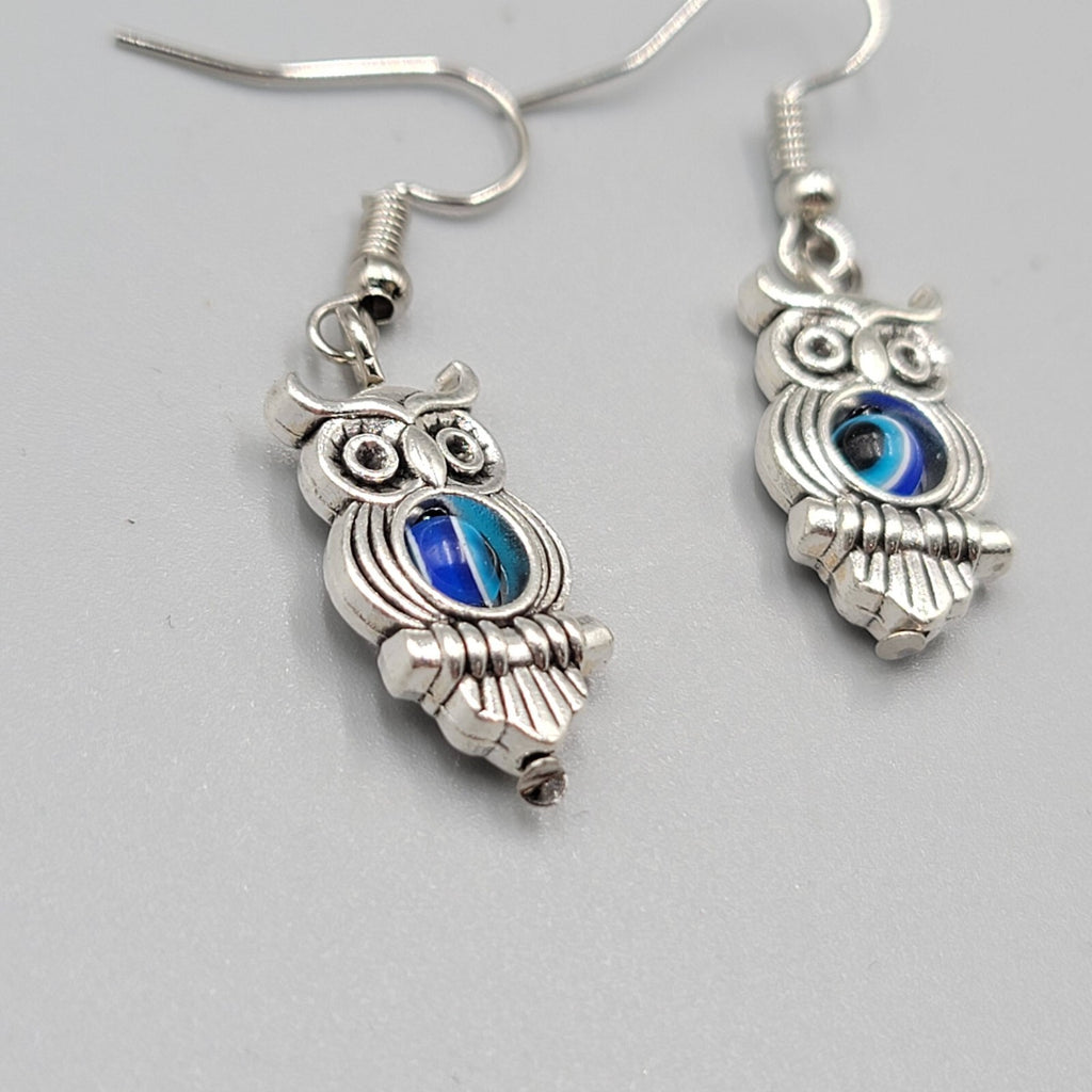 Owl Evil Eye Pierced Earrings Silver tone Blue Bead Dangle 1"