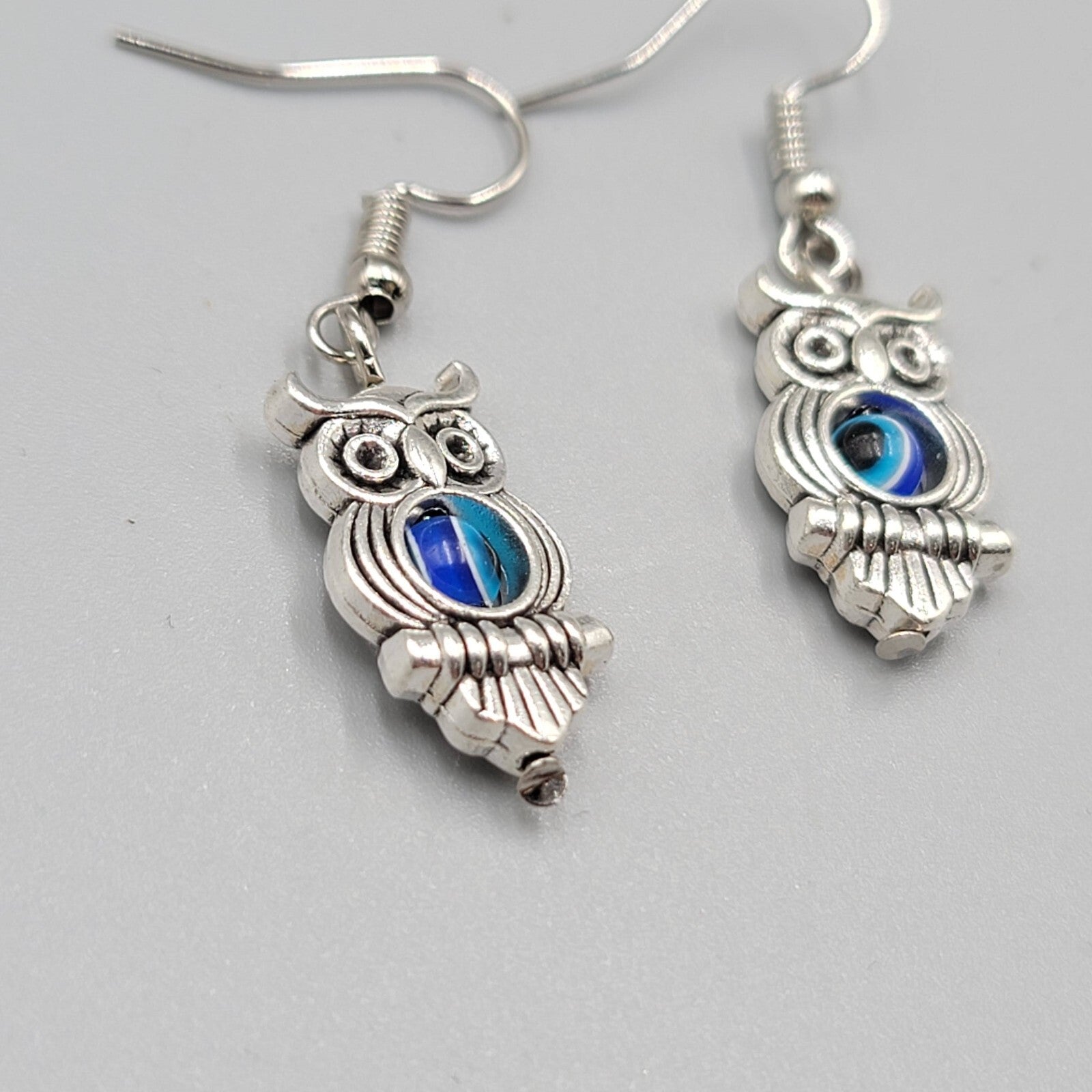 Owl Evil Eye Pierced Earrings Silver tone Blue Bead Dangle 1"