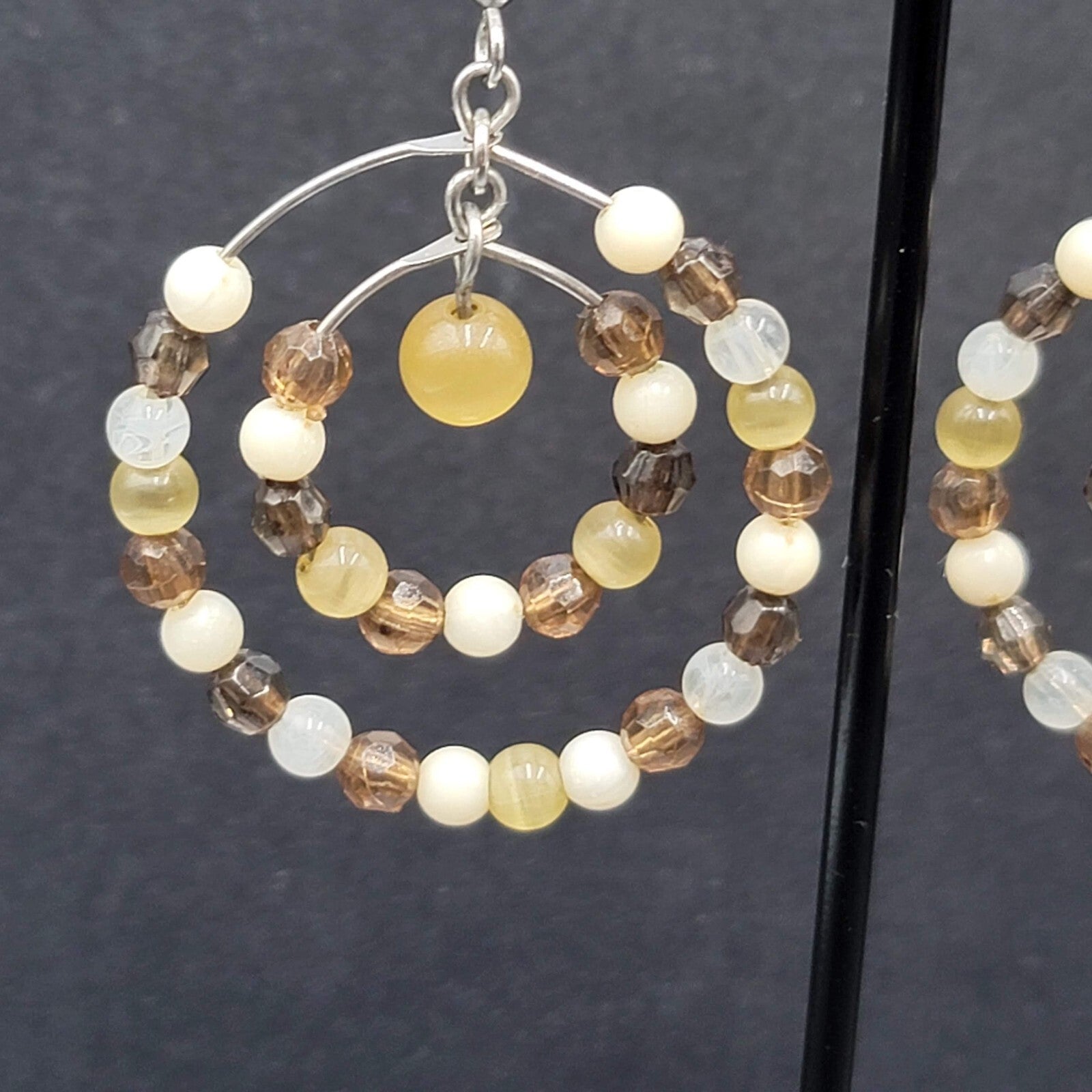 Pierced Earrings Silver tone Brown Beaded Double Hoops 1.5"