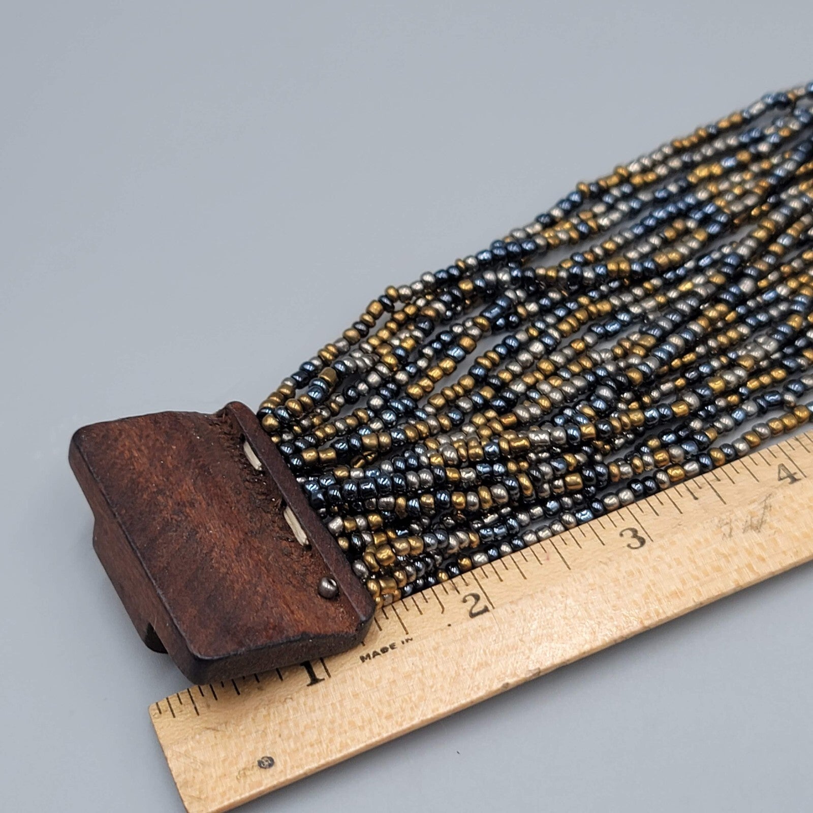Wood Closure Wide Bracelet Multistrand Seed Bead 7"