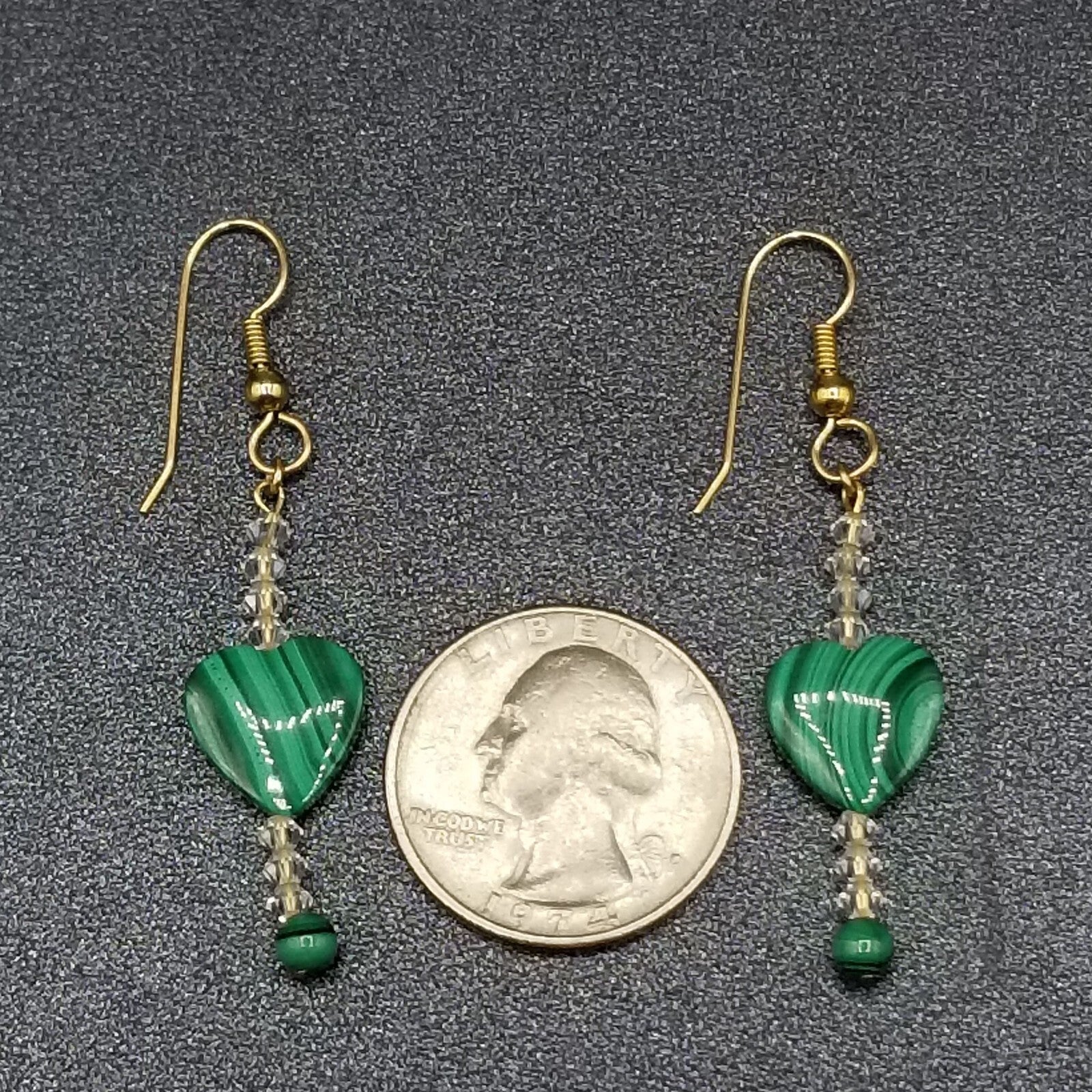 Pierced Earrings Gold tone Green Malachite Heart Crystal Beaded Dangle 1 3/8"