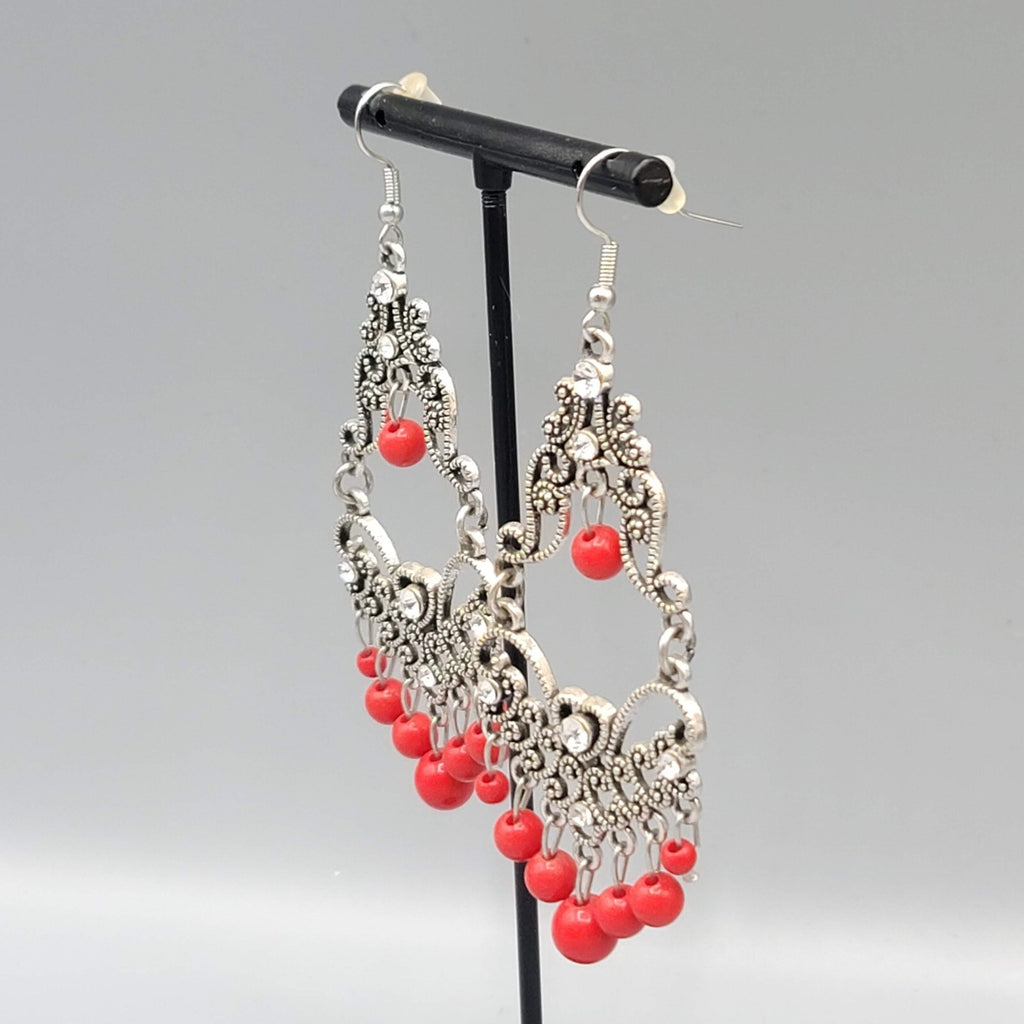 Chandelier Pierced Earrings Silver tone Red Bead Crystal Rhinestone 2.5"