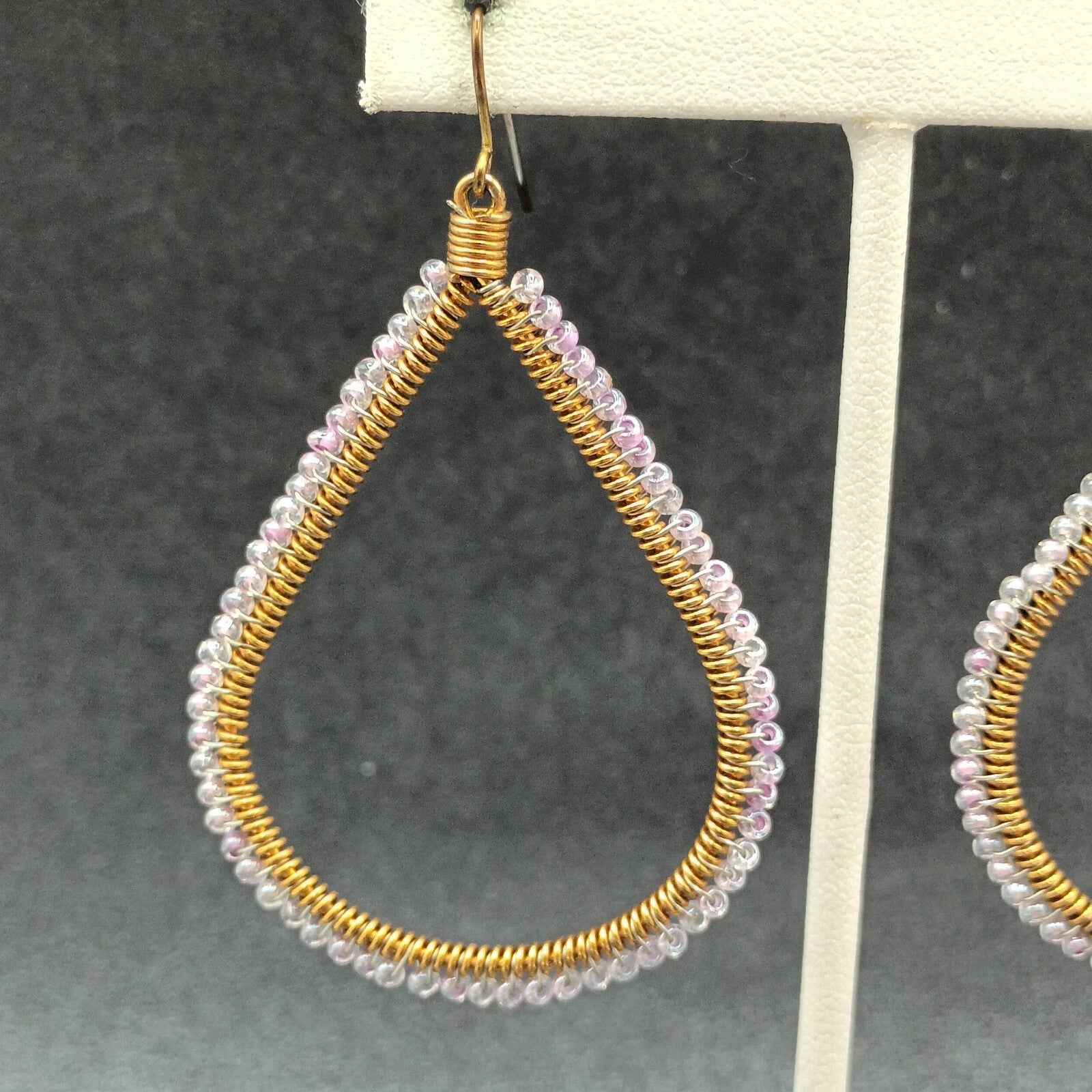 Pierced Earrings Gold tone Wire Wrapped Lavender Bead Teardrop Dangle 2 1/8"