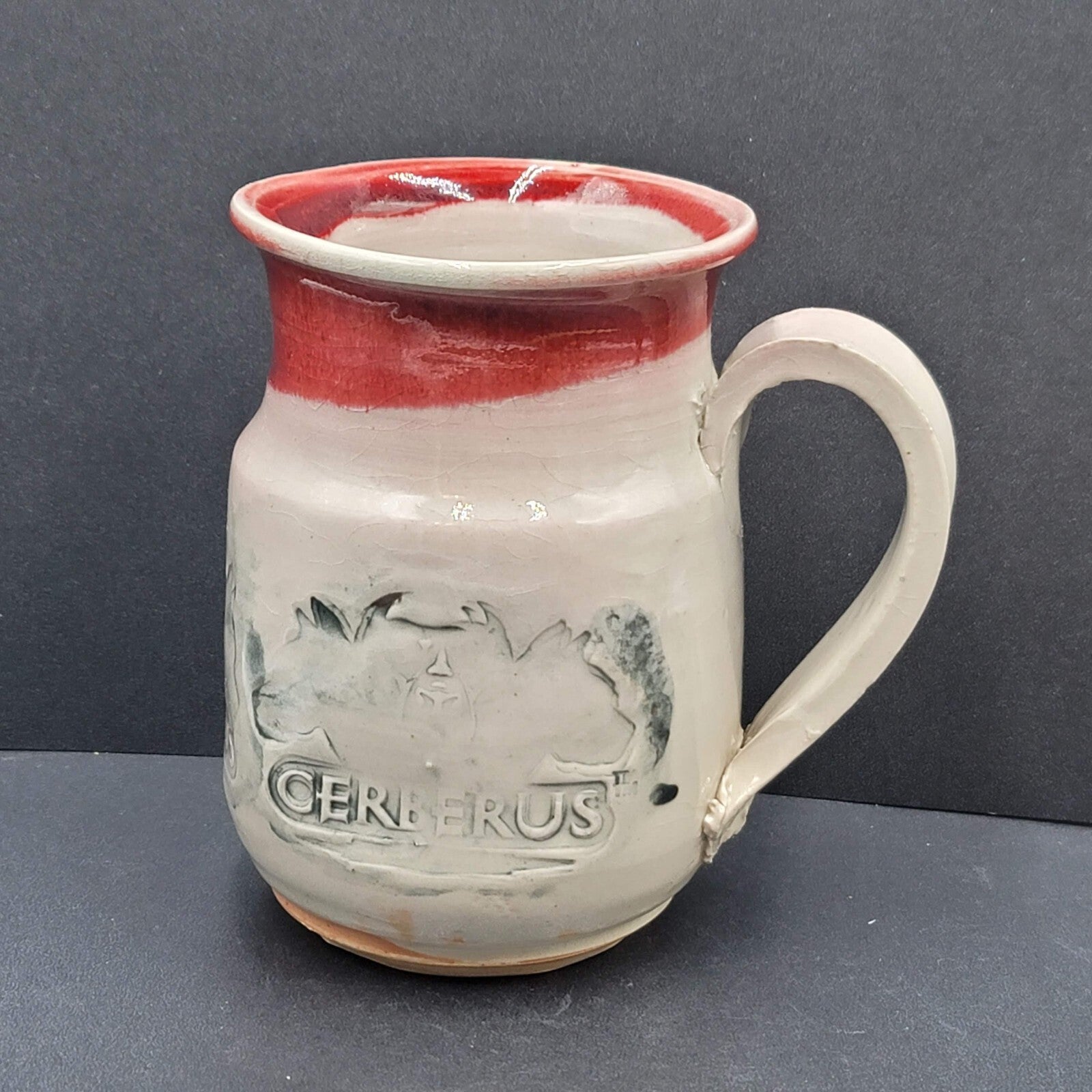 Cerberus Dog Handmade Pottery Coffee Mug Mythical Beast Red Gray Blue