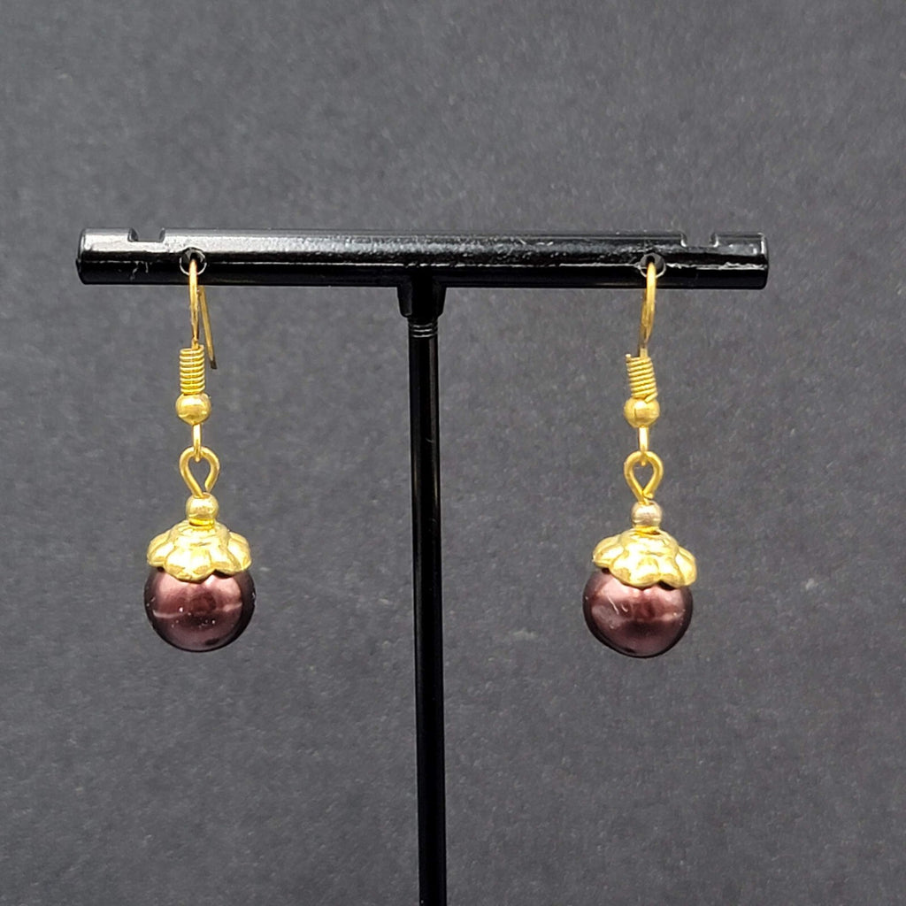 Pierced Earrings Gold tone Bronze Bead Capped Bead Dangle 3/4"