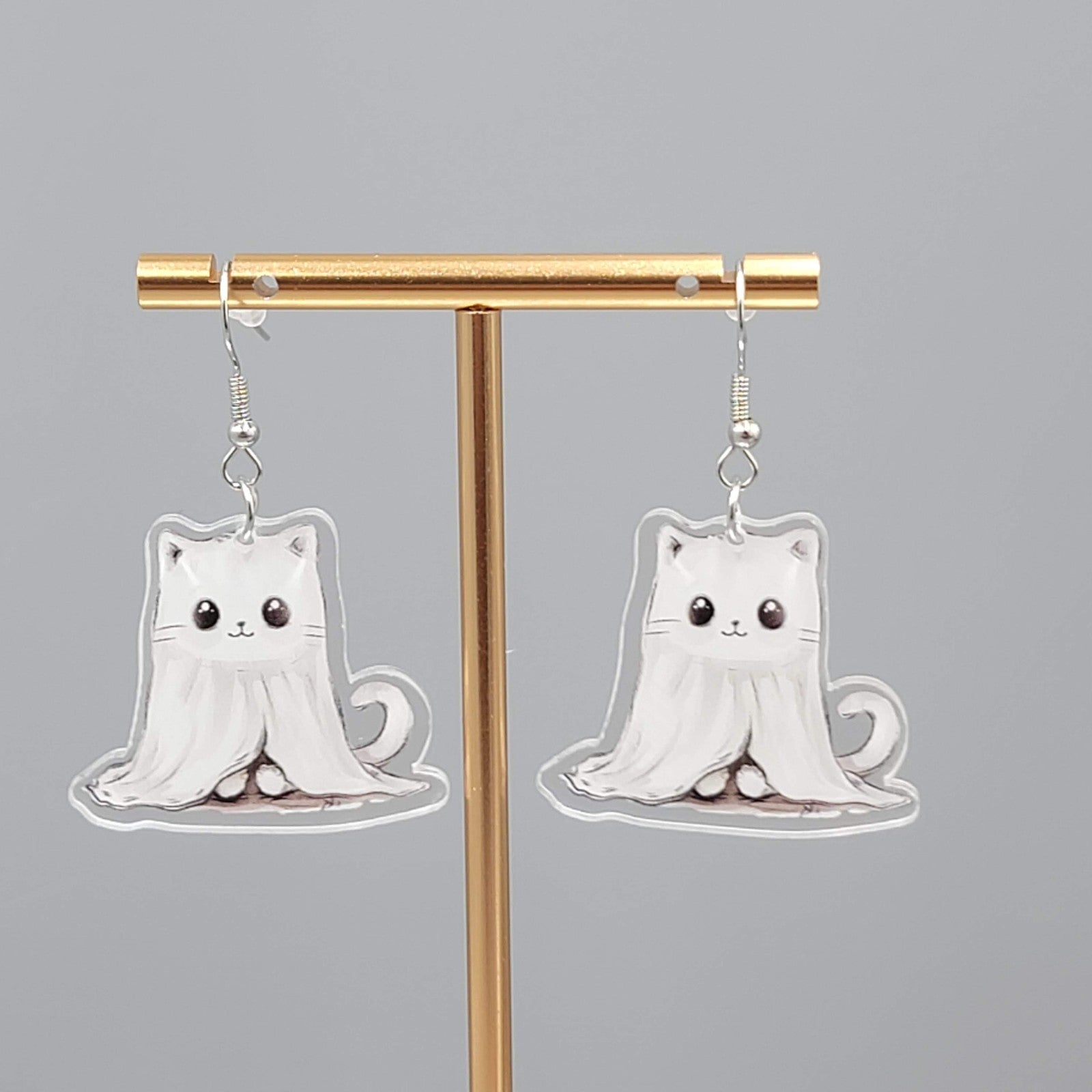 Halloween Ghost Kitty Cat Pierced Earrings Silver tone Dangle 1.5 in