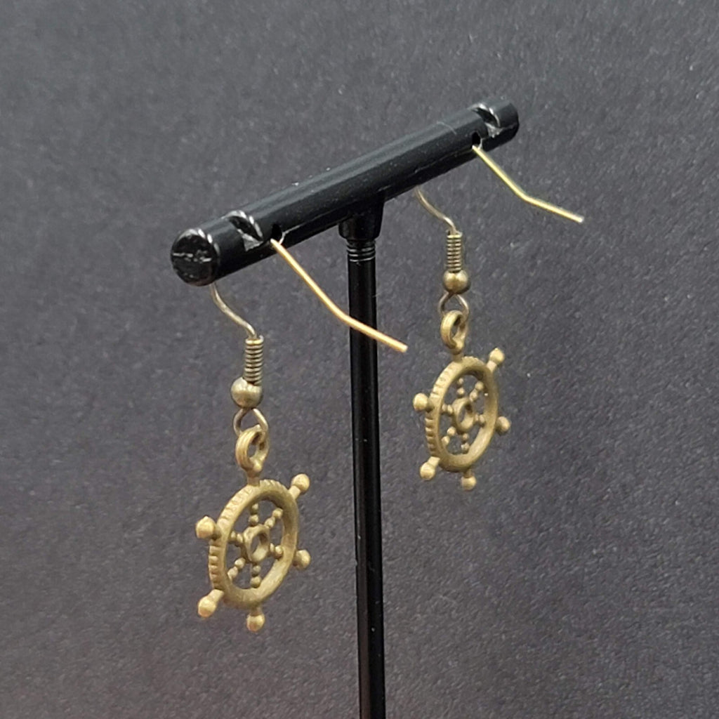 New Nautical Ships Wheel Pierced Earrings Bronze tone Embossed Dangle 3/4"