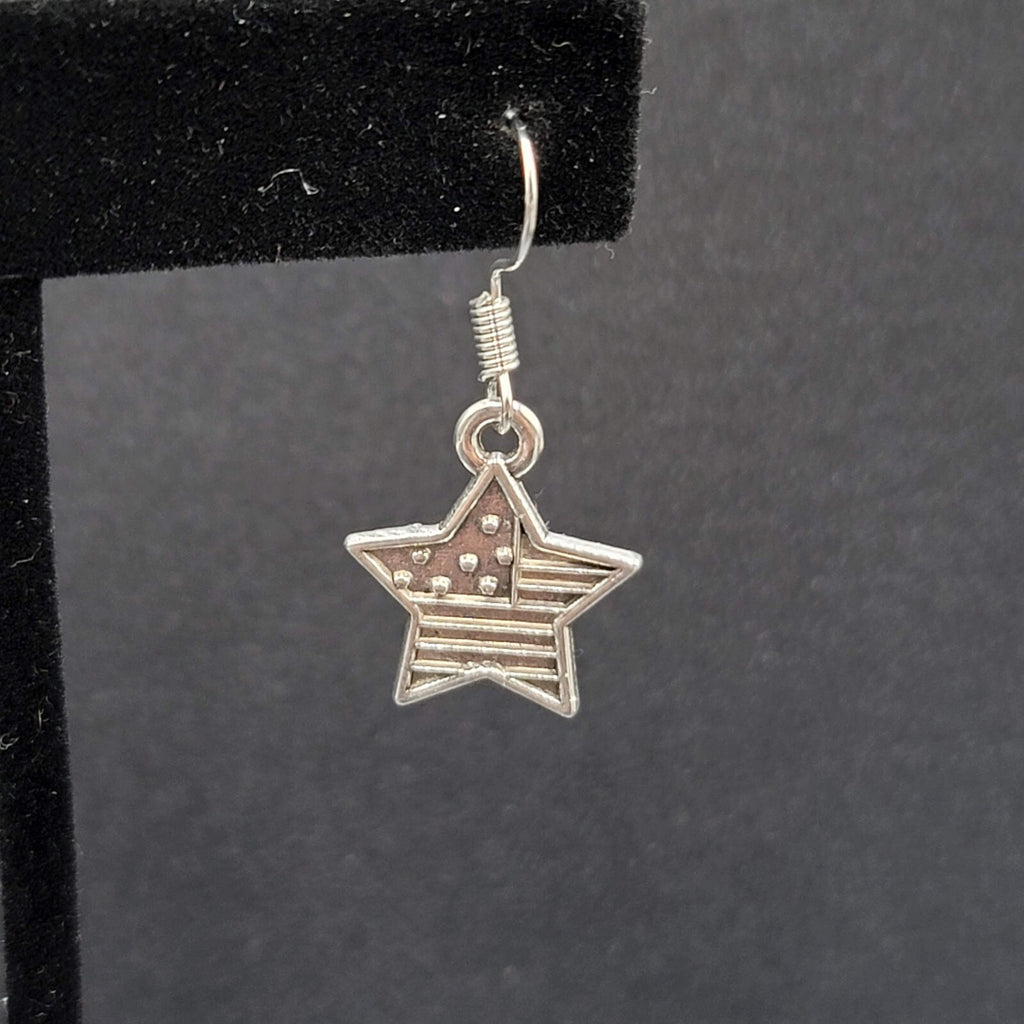 Pierced Earrings Silver tone American Flag Star Dangle 3/4"