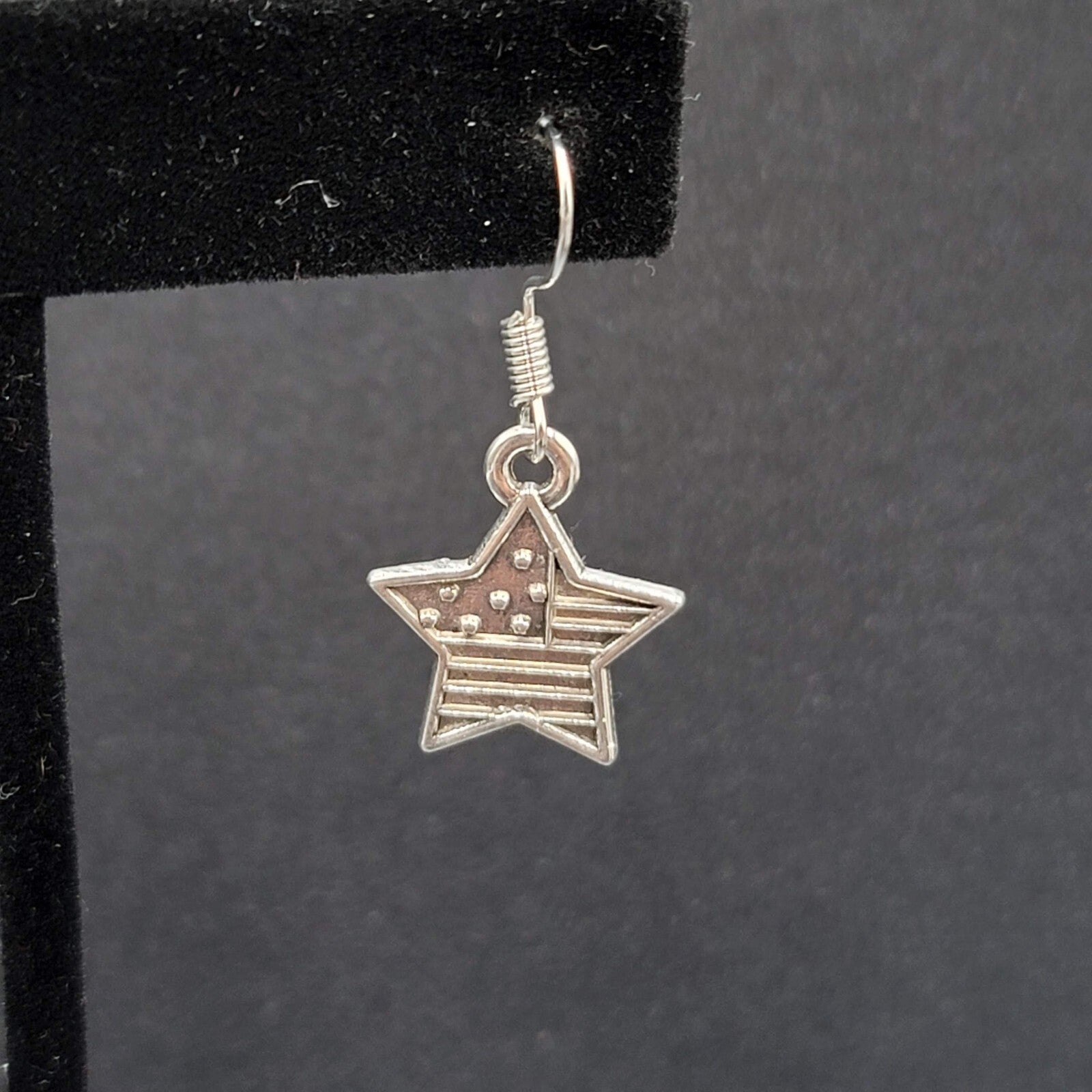 Pierced Earrings Silver tone American Flag Star Dangle 3/4"